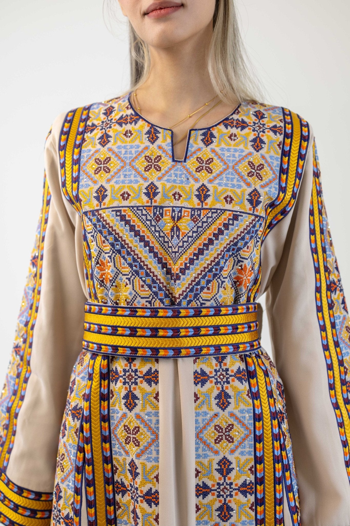 Beige Manajel Machine Embroidered Dress - Deerah