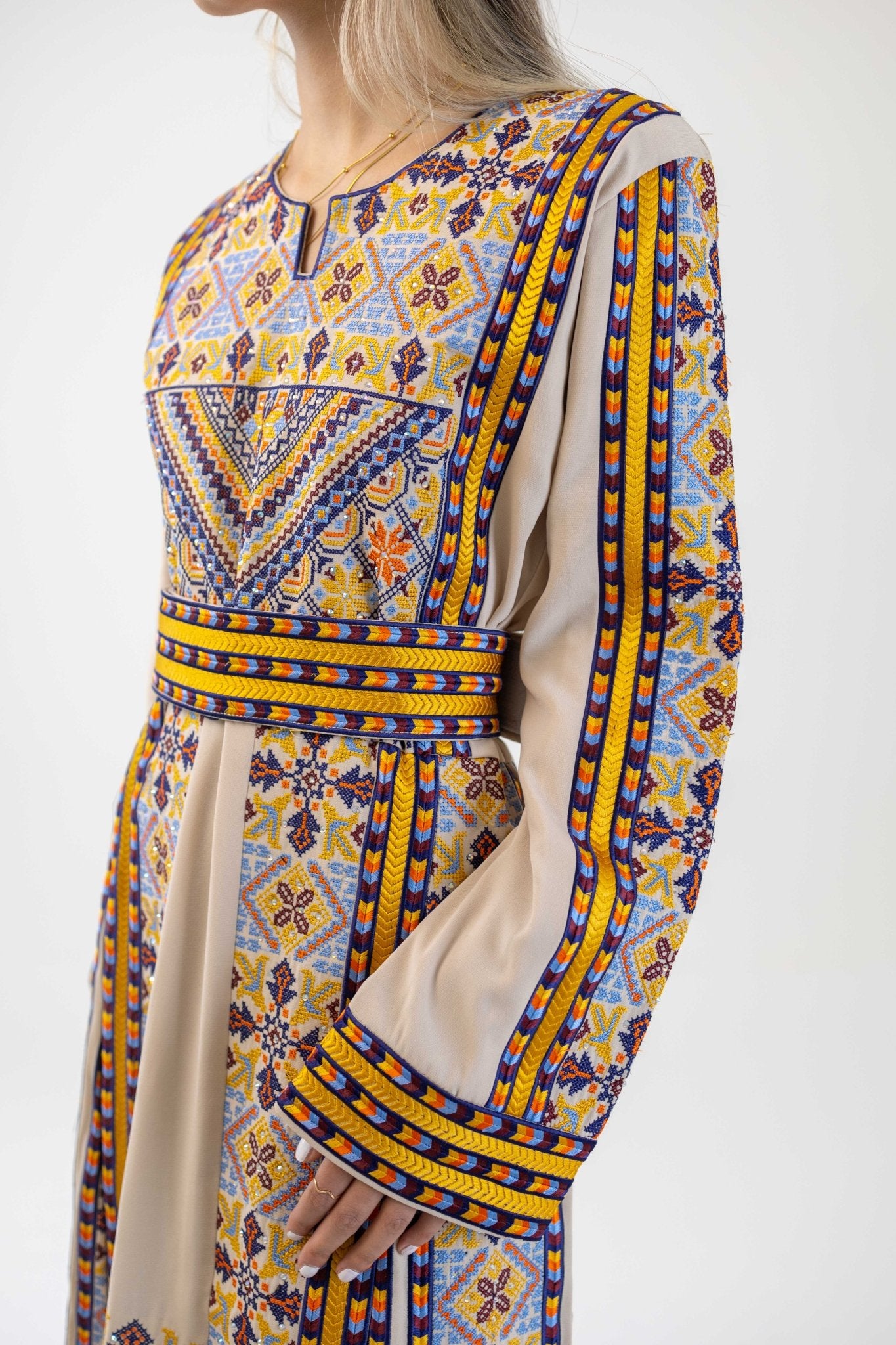 Beige Manajel Machine Embroidered Dress - Deerah