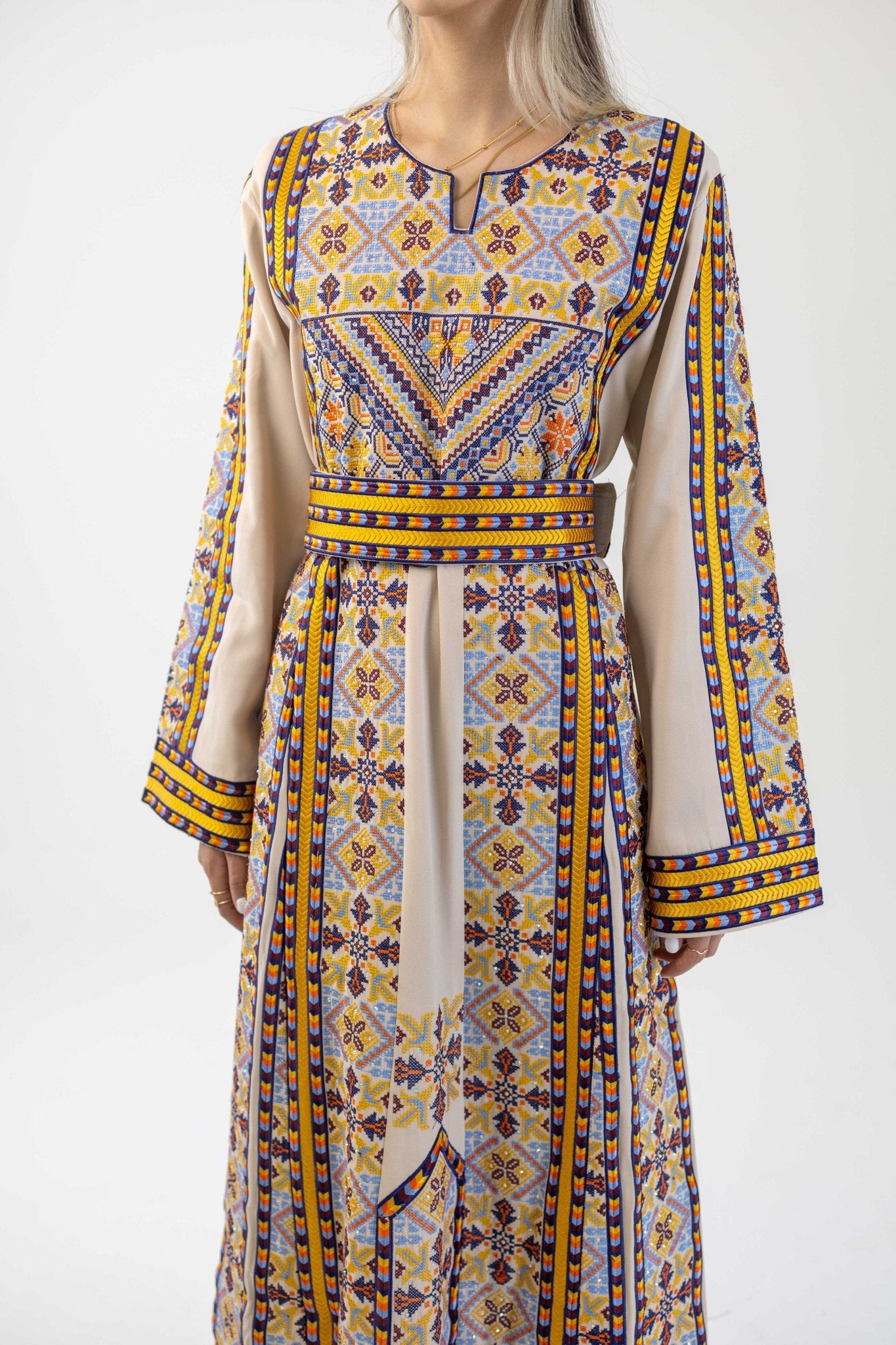 Beige Manajel Machine Embroidered Dress - Deerah