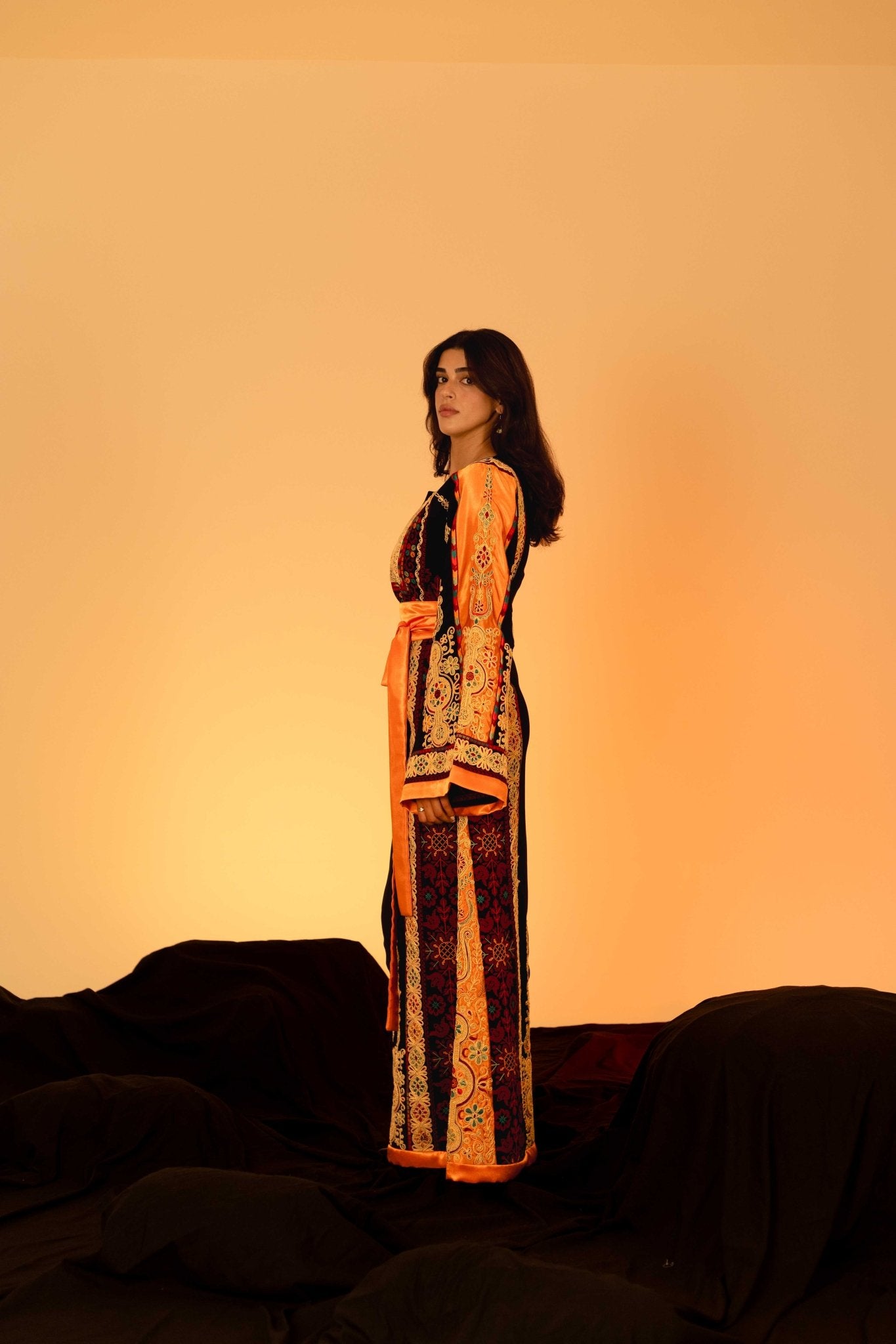 Black and Orange Traditional Palestinian Thobe - Deerah