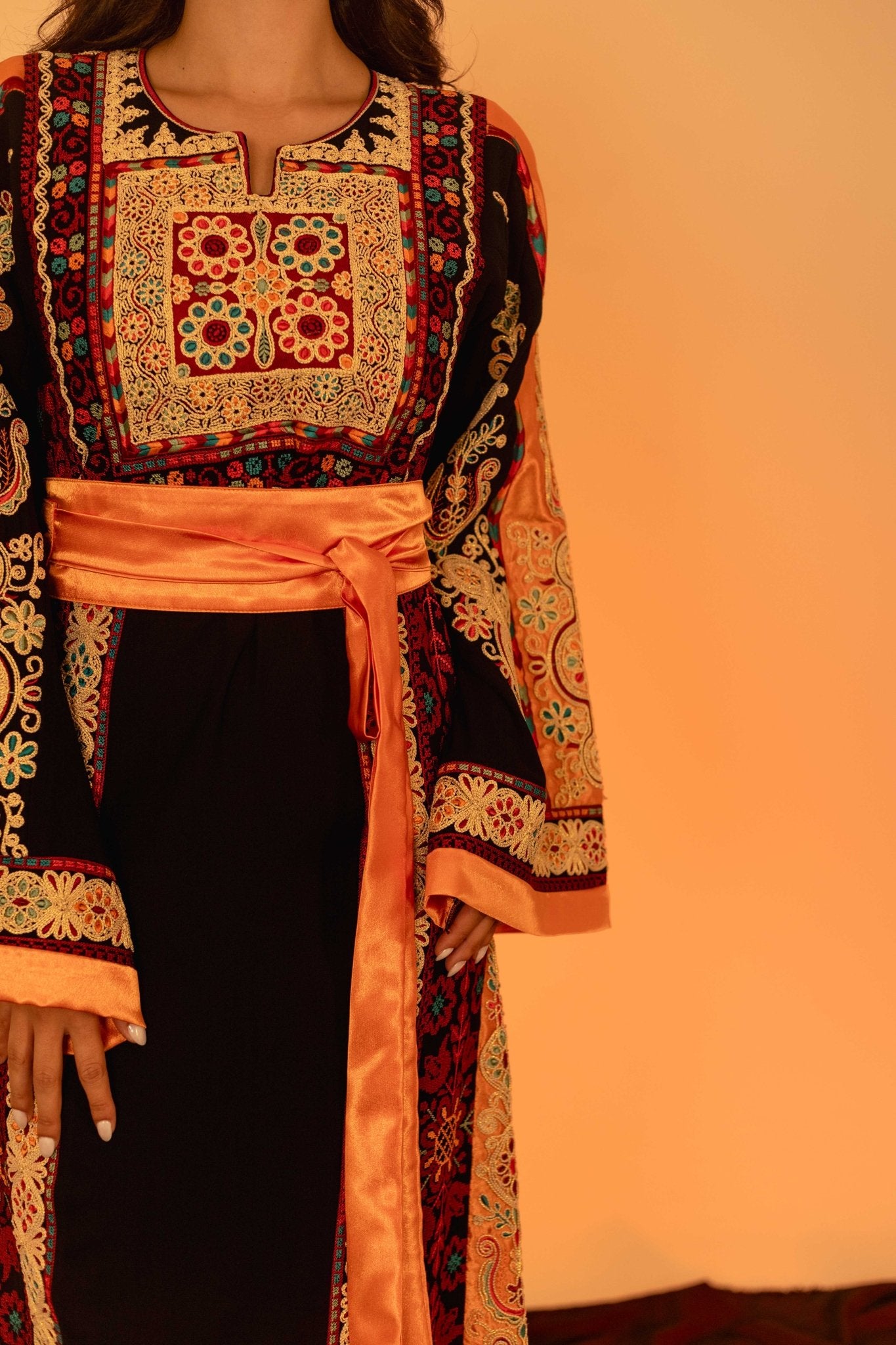 Black and Orange Traditional Palestinian Thobe - Deerah