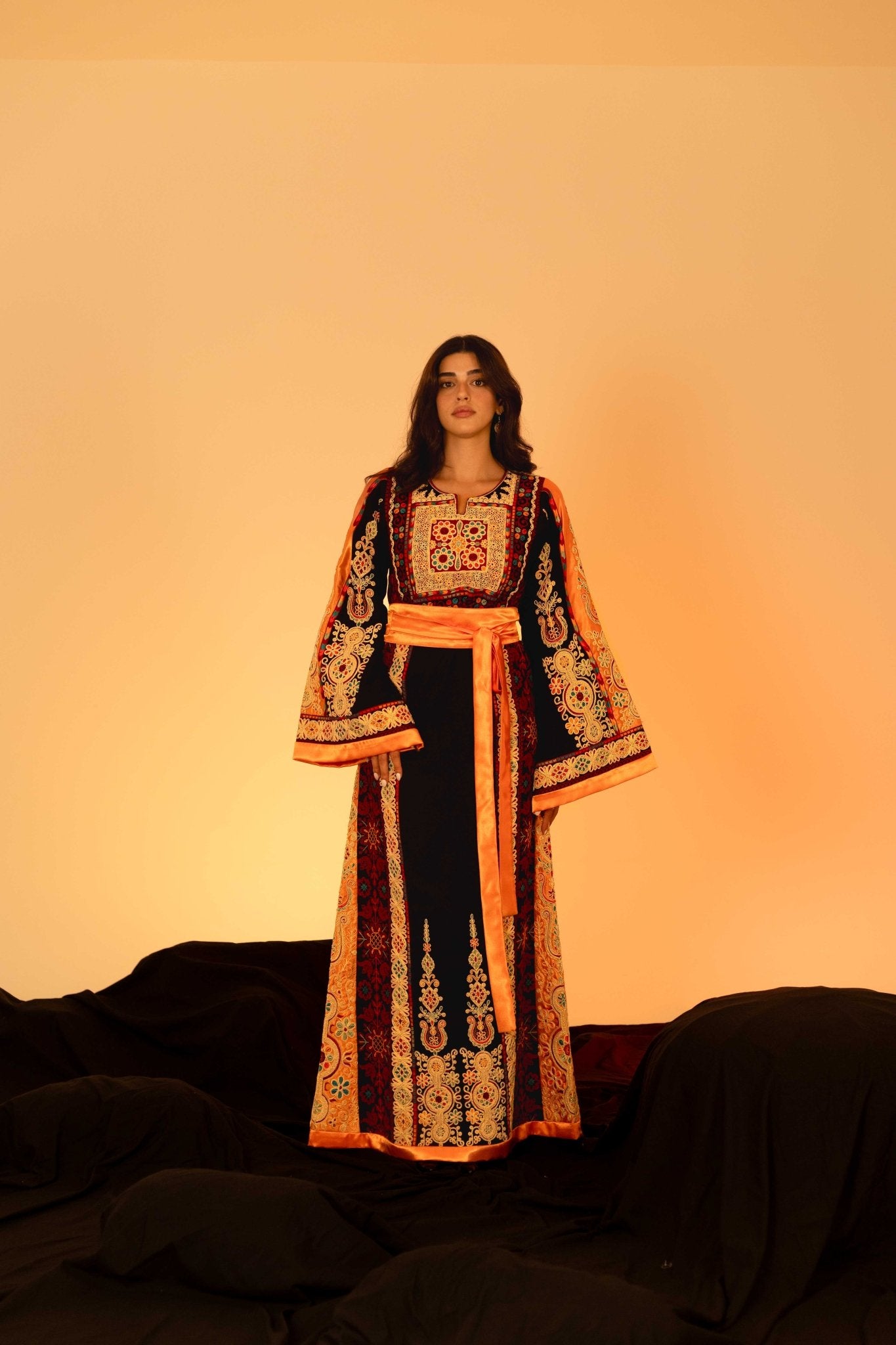 Black and Orange Traditional Palestinian Thobe - Deerah