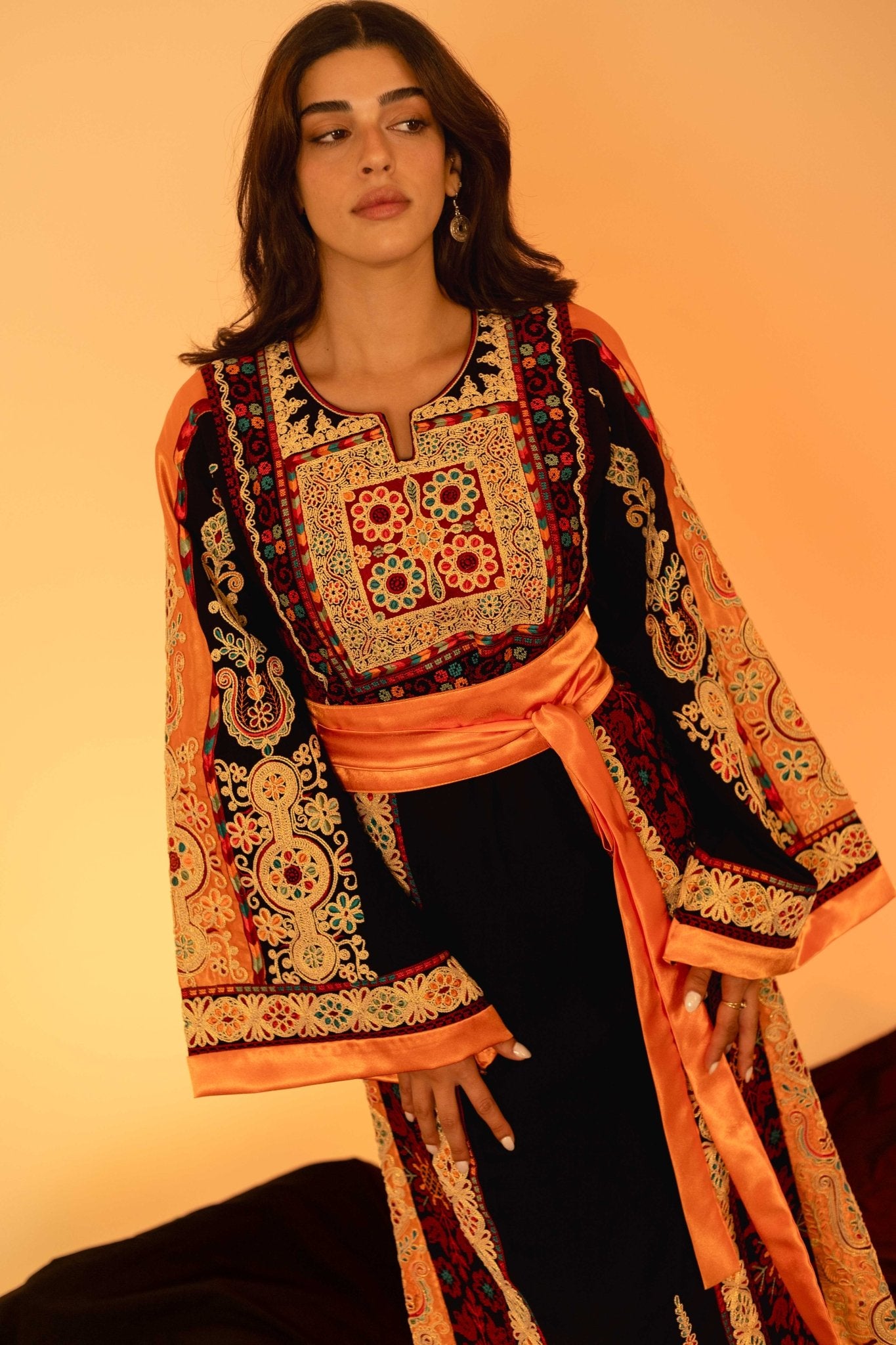 Black and Orange Traditional Palestinian Thobe - Deerah