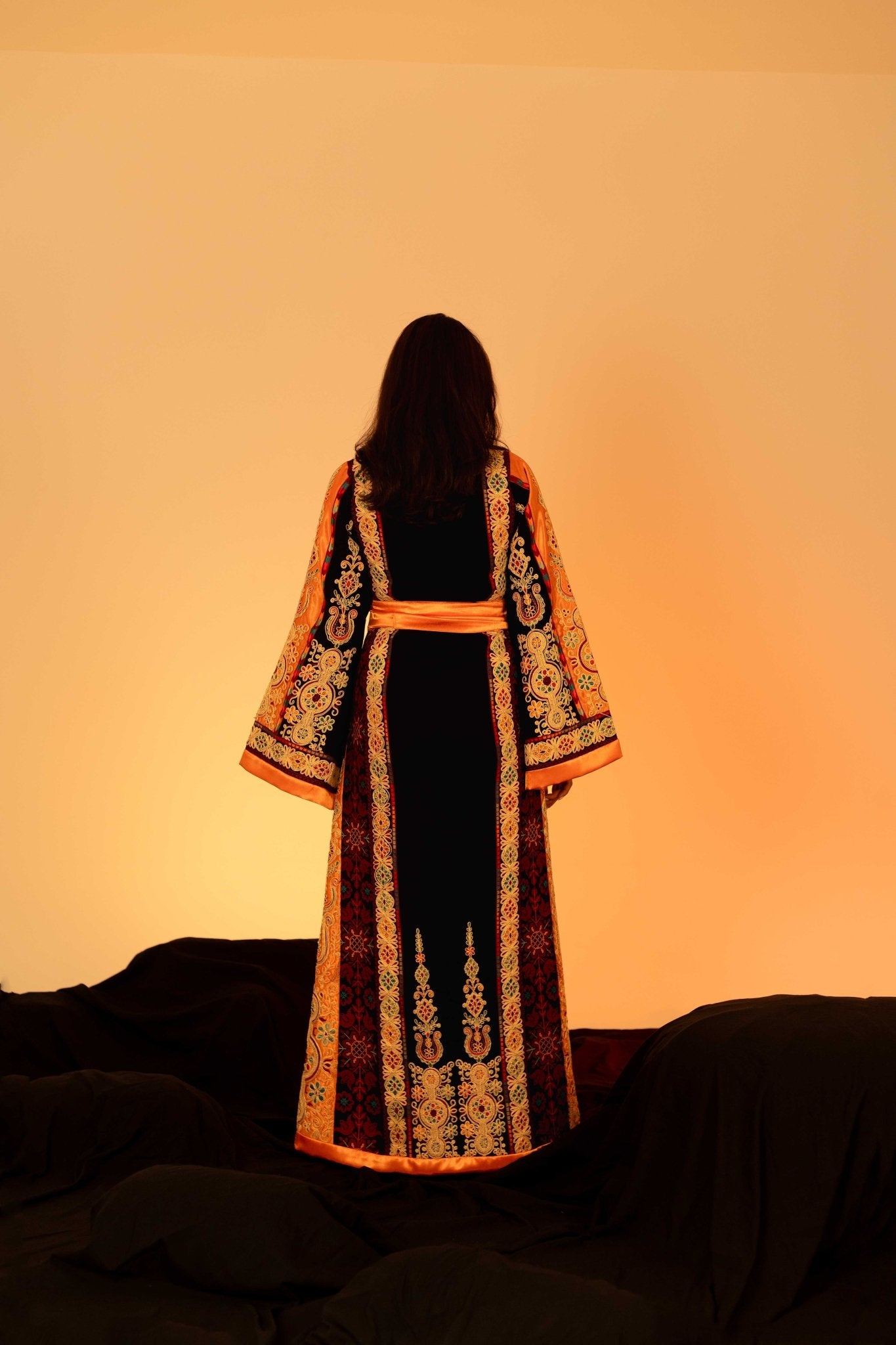 Black and Orange Traditional Palestinian Thobe - Deerah