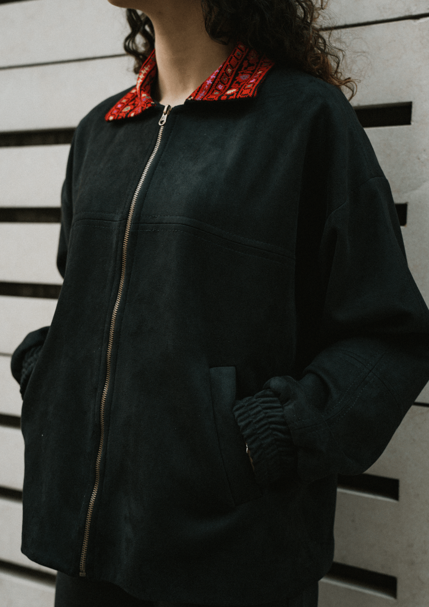 Black Embroidered Suede Jacket - Deerah