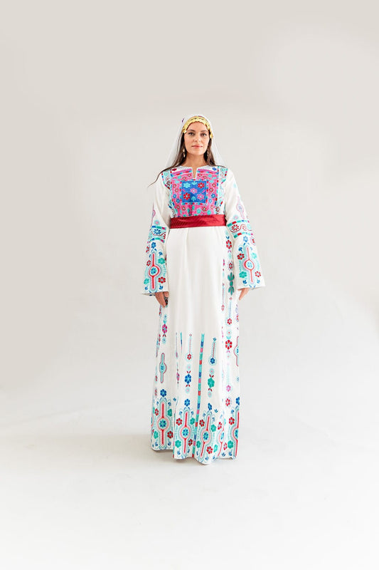 Blue and Pink Tahriri Palestinian Thobe Dress - Deerah