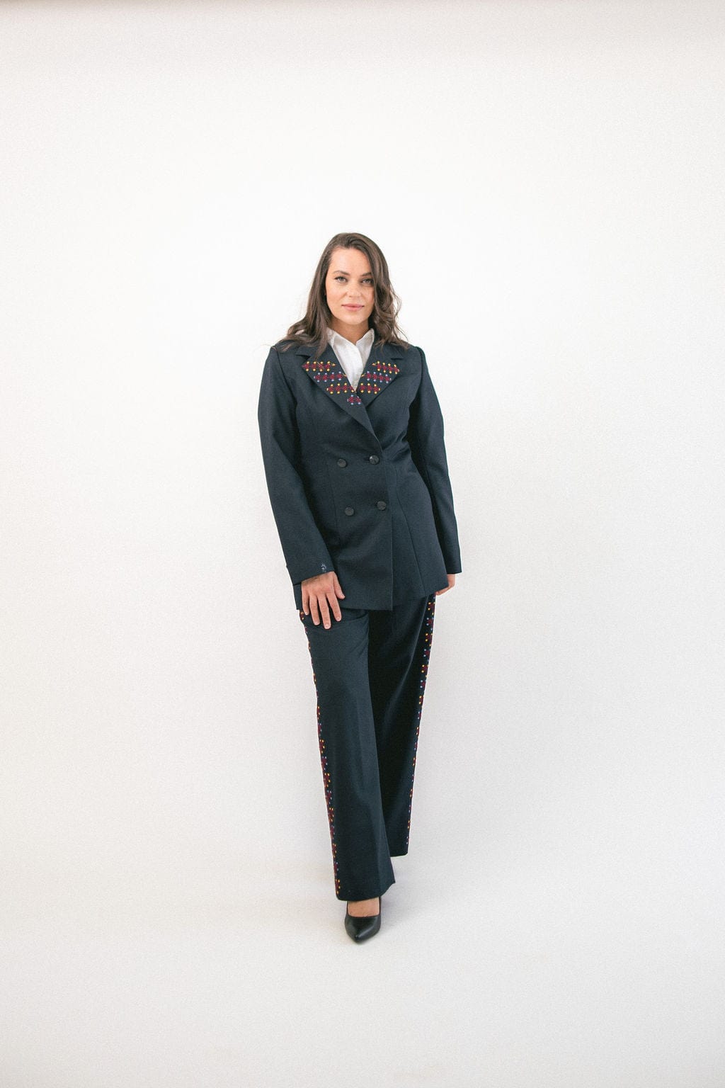 Hand - Embroidered Custom - made Women Pant Suit in Navy Blue - Deerah