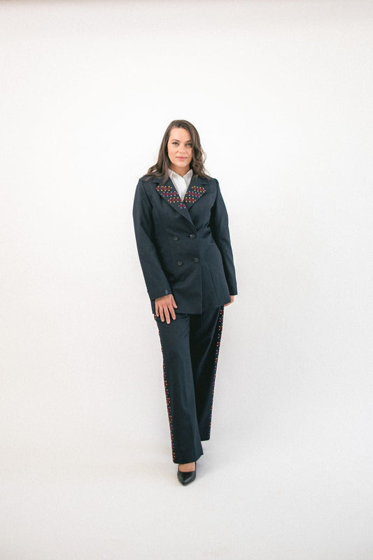 Hand - Embroidered Custom - made Women Pant Suit in Navy Blue - Deerah