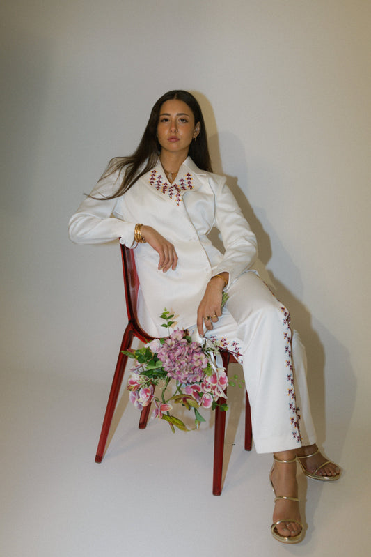 Hand-Embroidered Custom-made Women Pant Suit in Pearl White Deerah