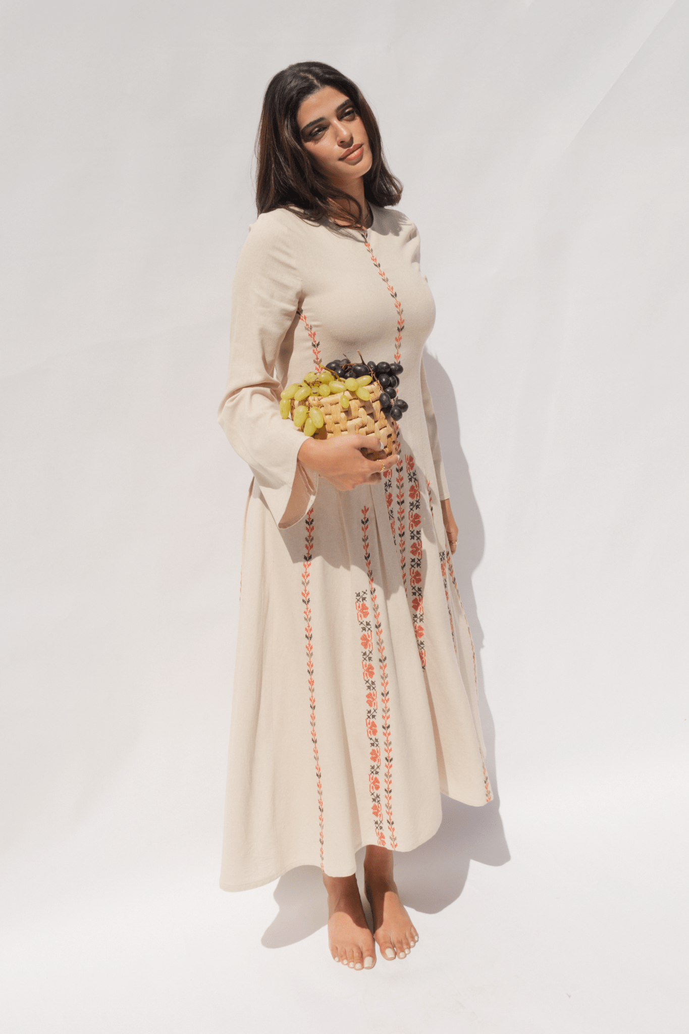 Hand Embroidered Linen Dress, White / Small / Sleeveless