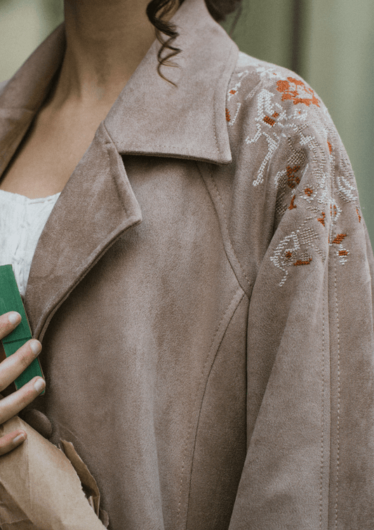Joury جوري Hand - Embroidered Maxi Suede Coat - Deerah