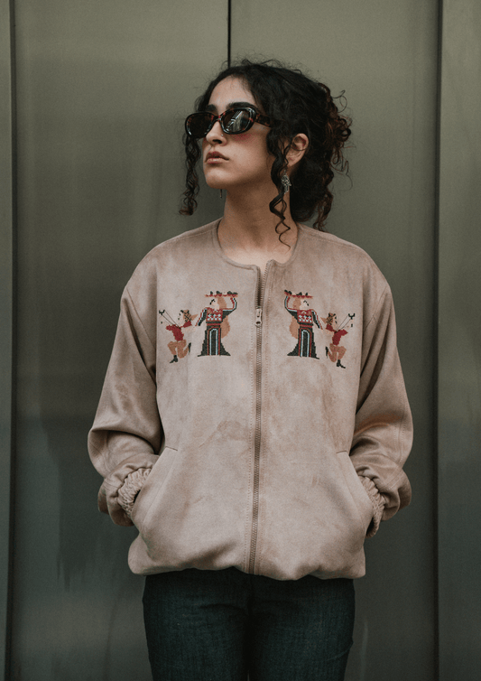 Latte Beige Embroidered Suede Jacket - Deerah