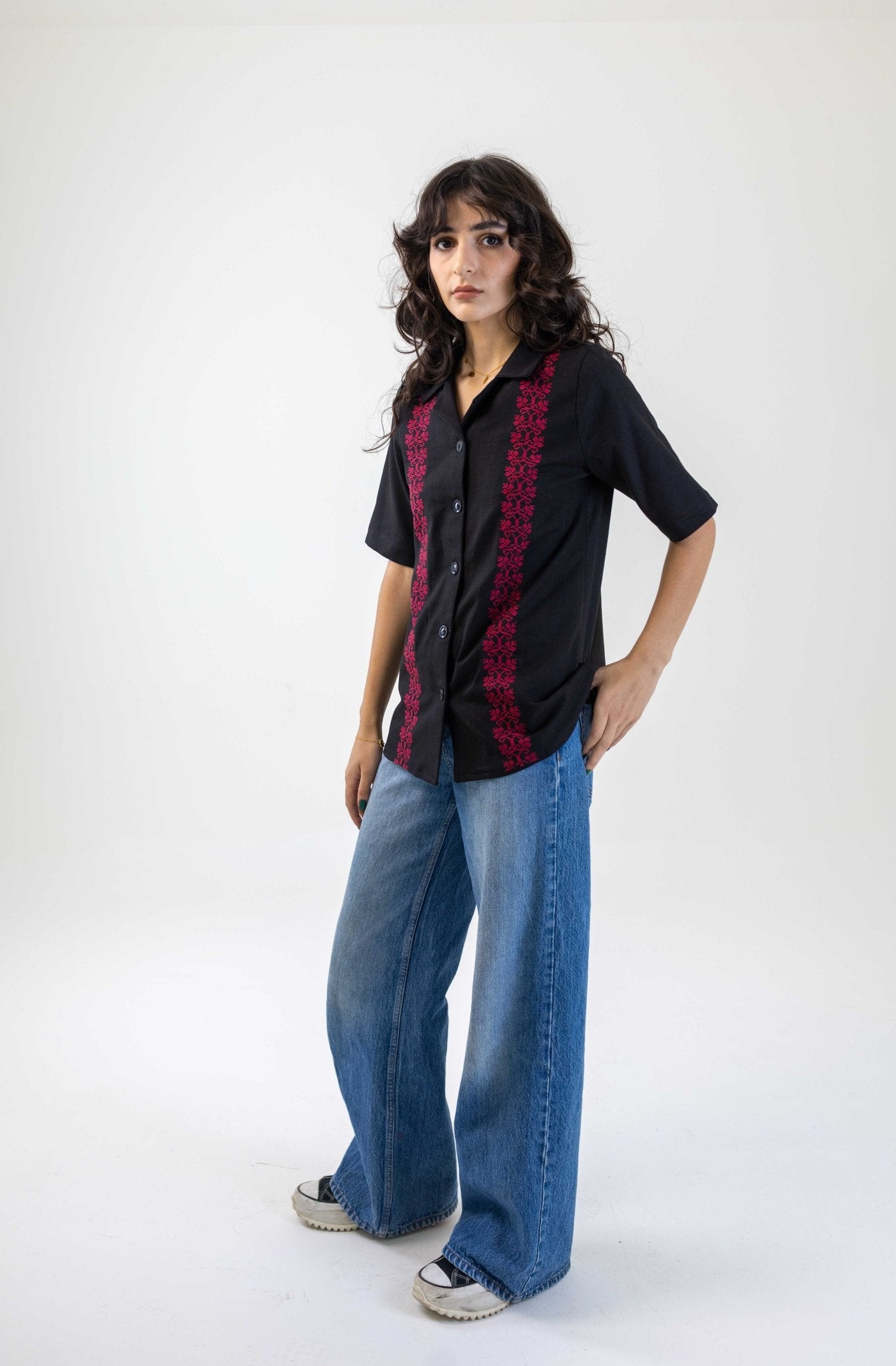 The Basil Hand Embroidered Unisex Shirt in Black - Deerah
