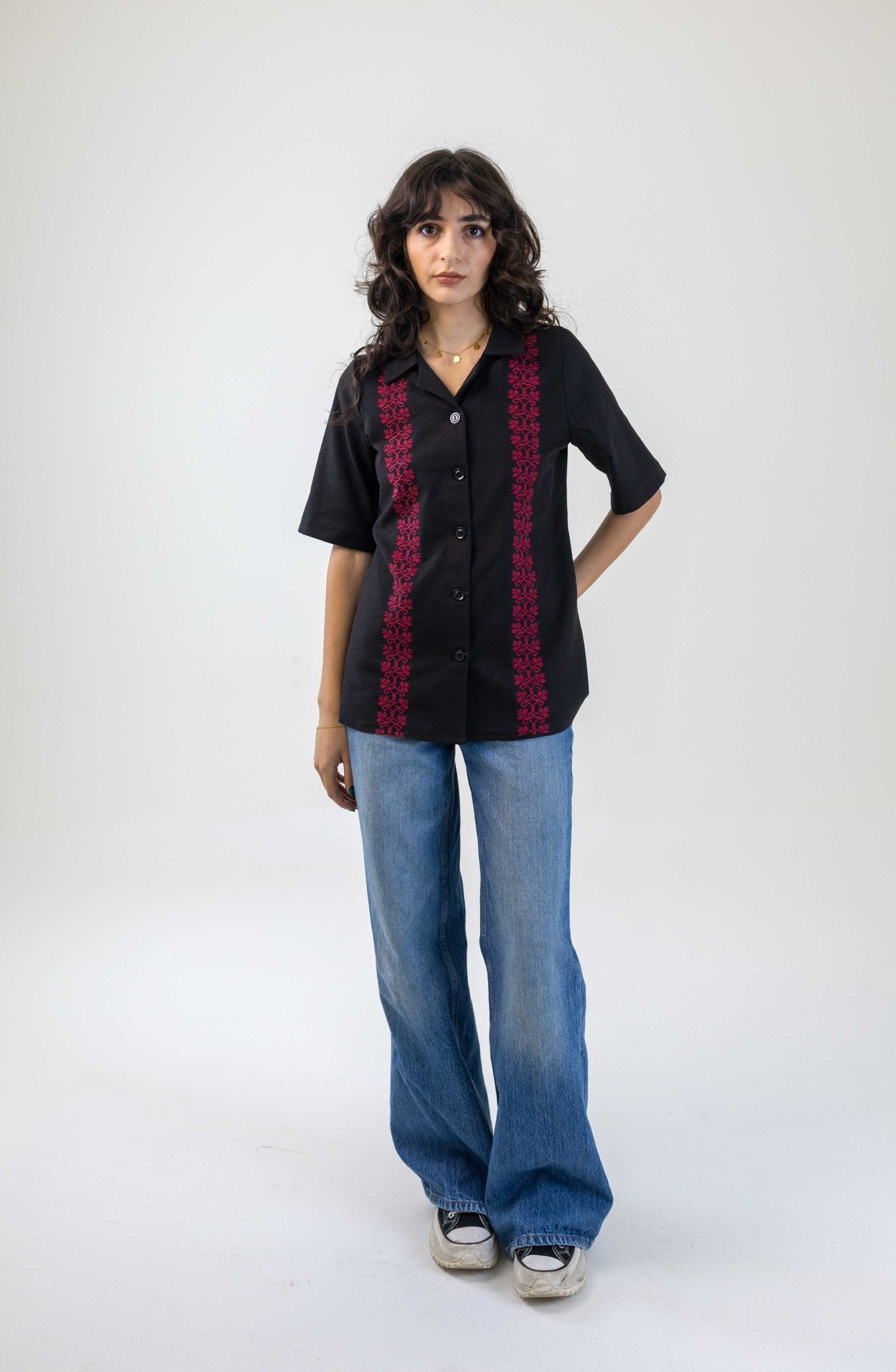 The Basil Hand Embroidered Unisex Shirt in Black - Deerah