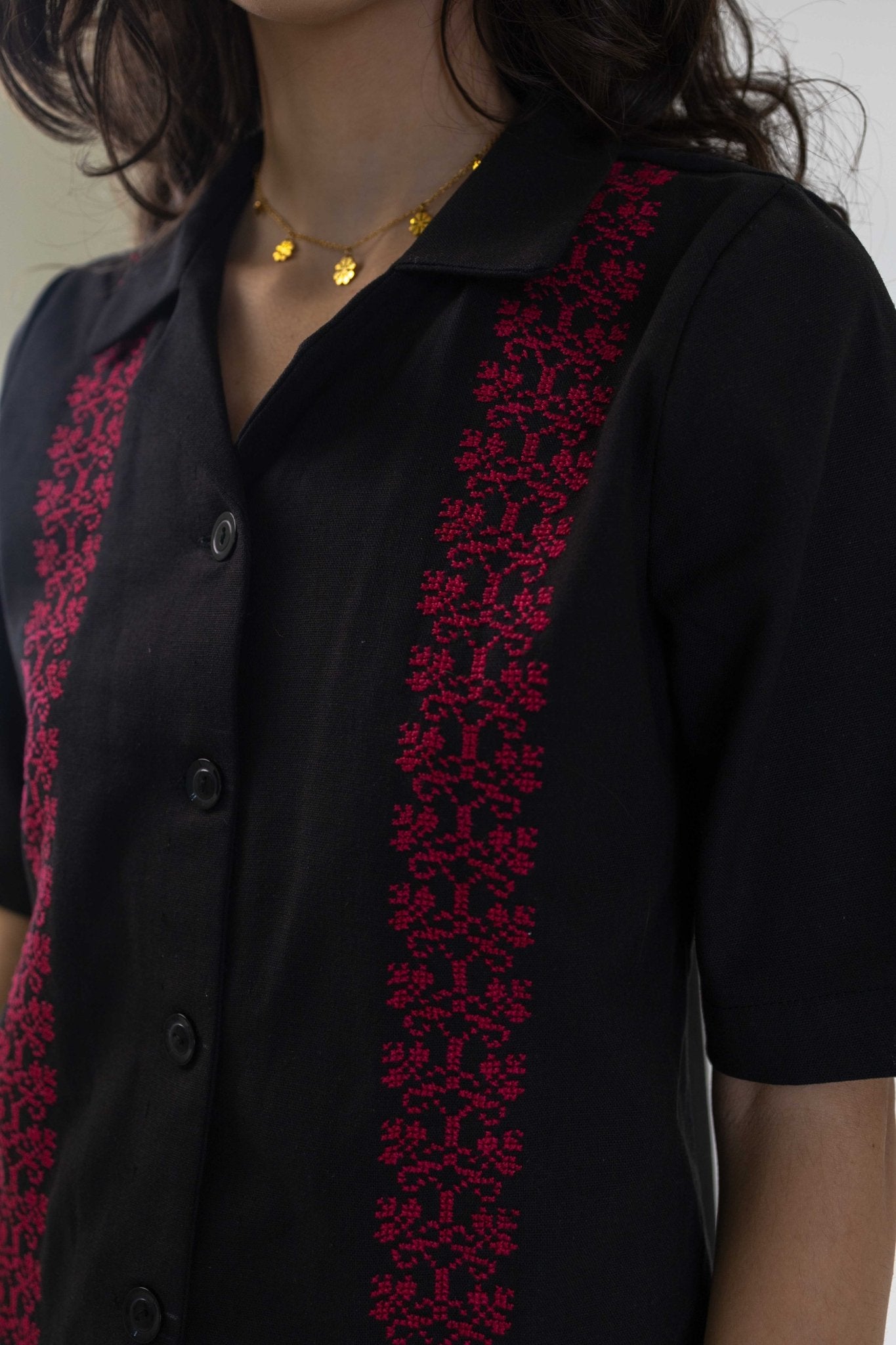 The Basil Hand Embroidered Unisex Shirt in Black - Deerah