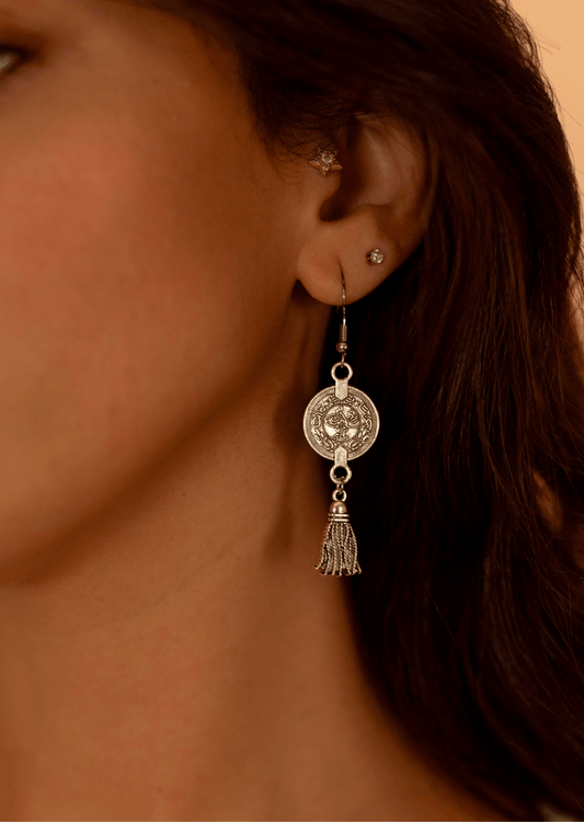 Traditional Silver Coin Earrings with Tassles - Deerah