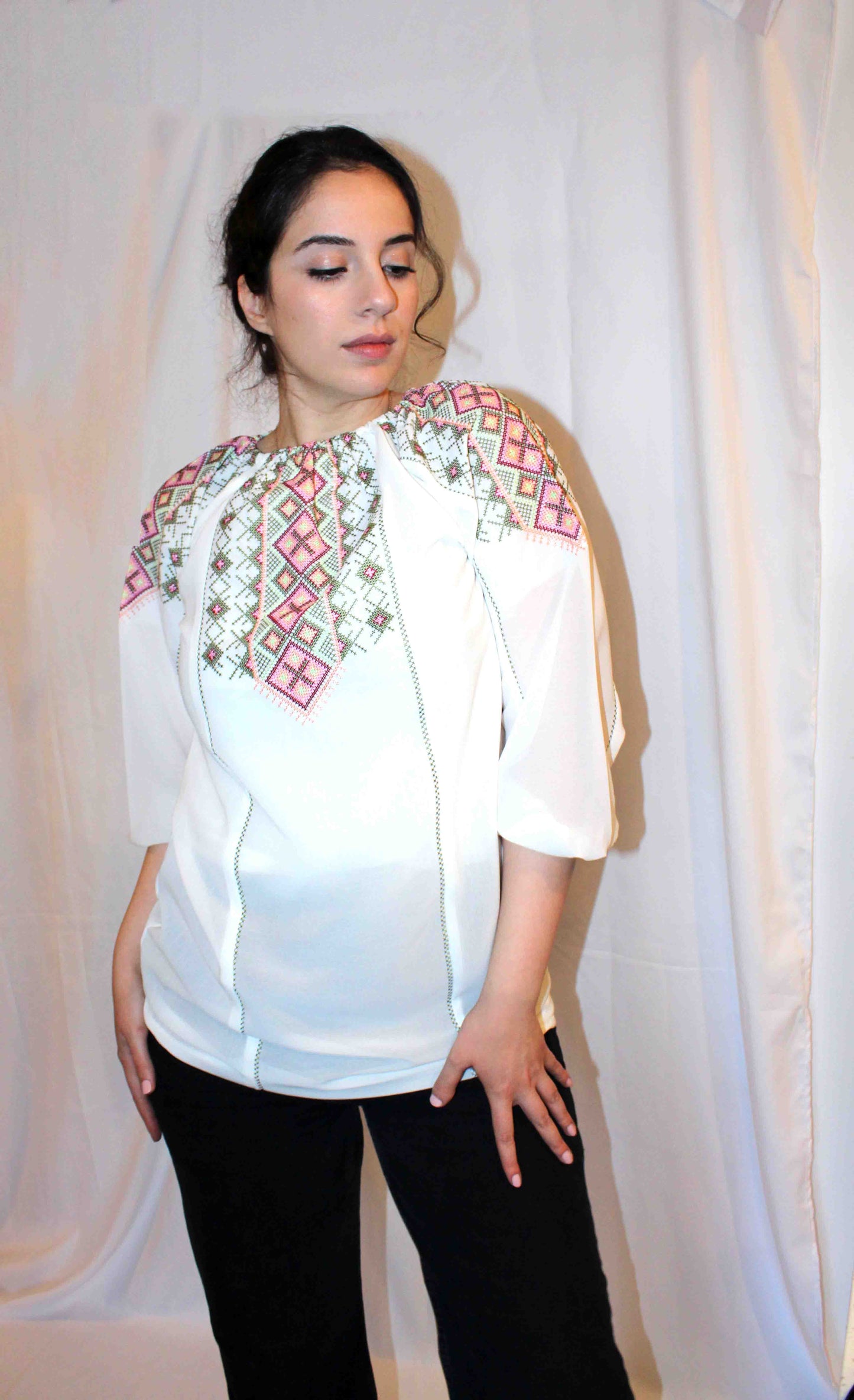 White Embroidered Chiffon Shirt Deerah