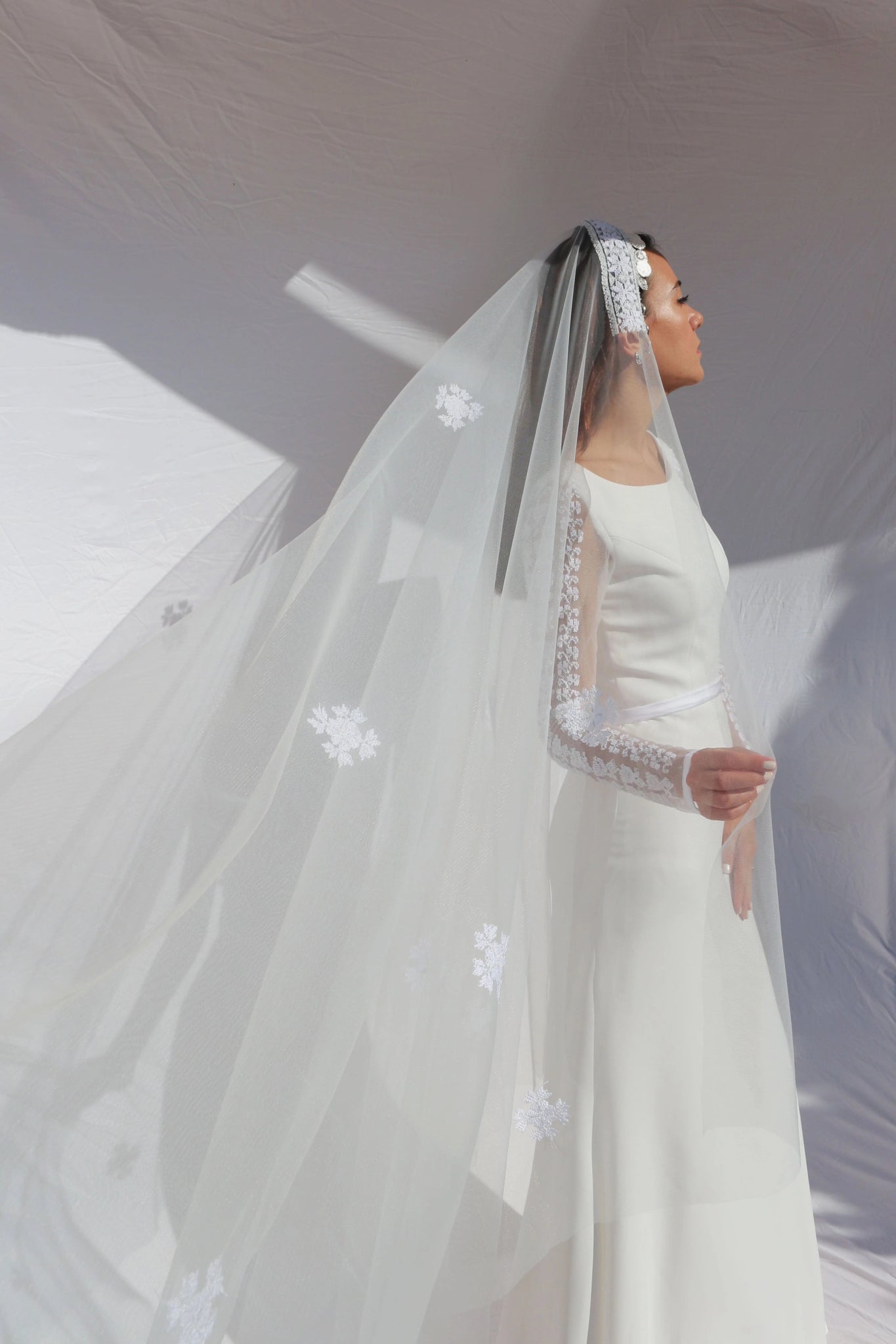 Amira - Hand Embroidered White Palestinian Wedding Dress & Veil - Deerah