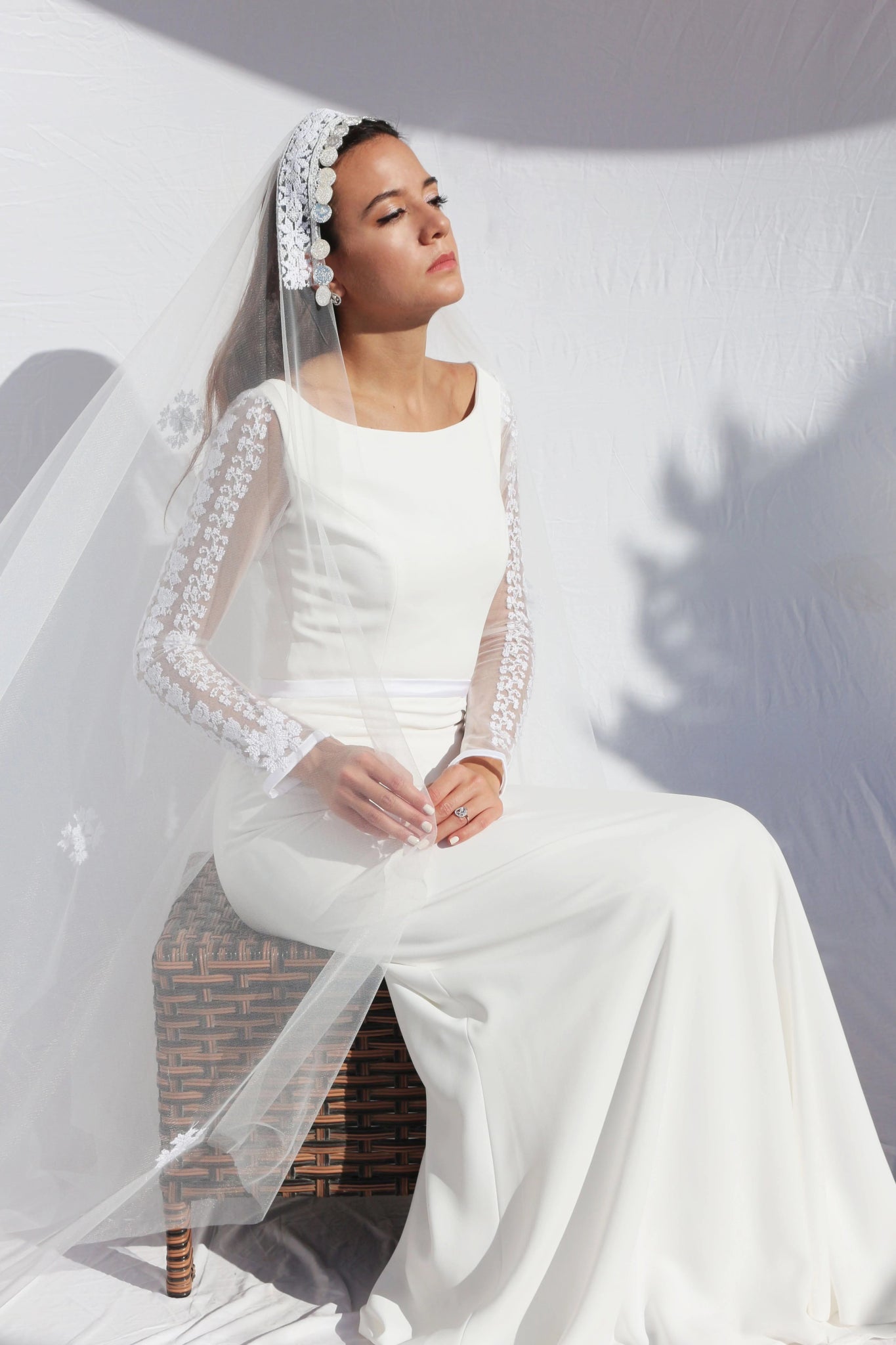 Amira - Hand Embroidered White Palestinian Wedding Dress & Veil - Deerah