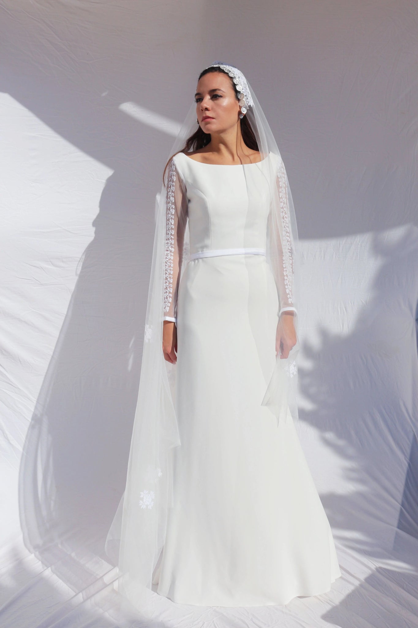 Amira - Hand Embroidered White Palestinian Wedding Dress & Veil - Deerah