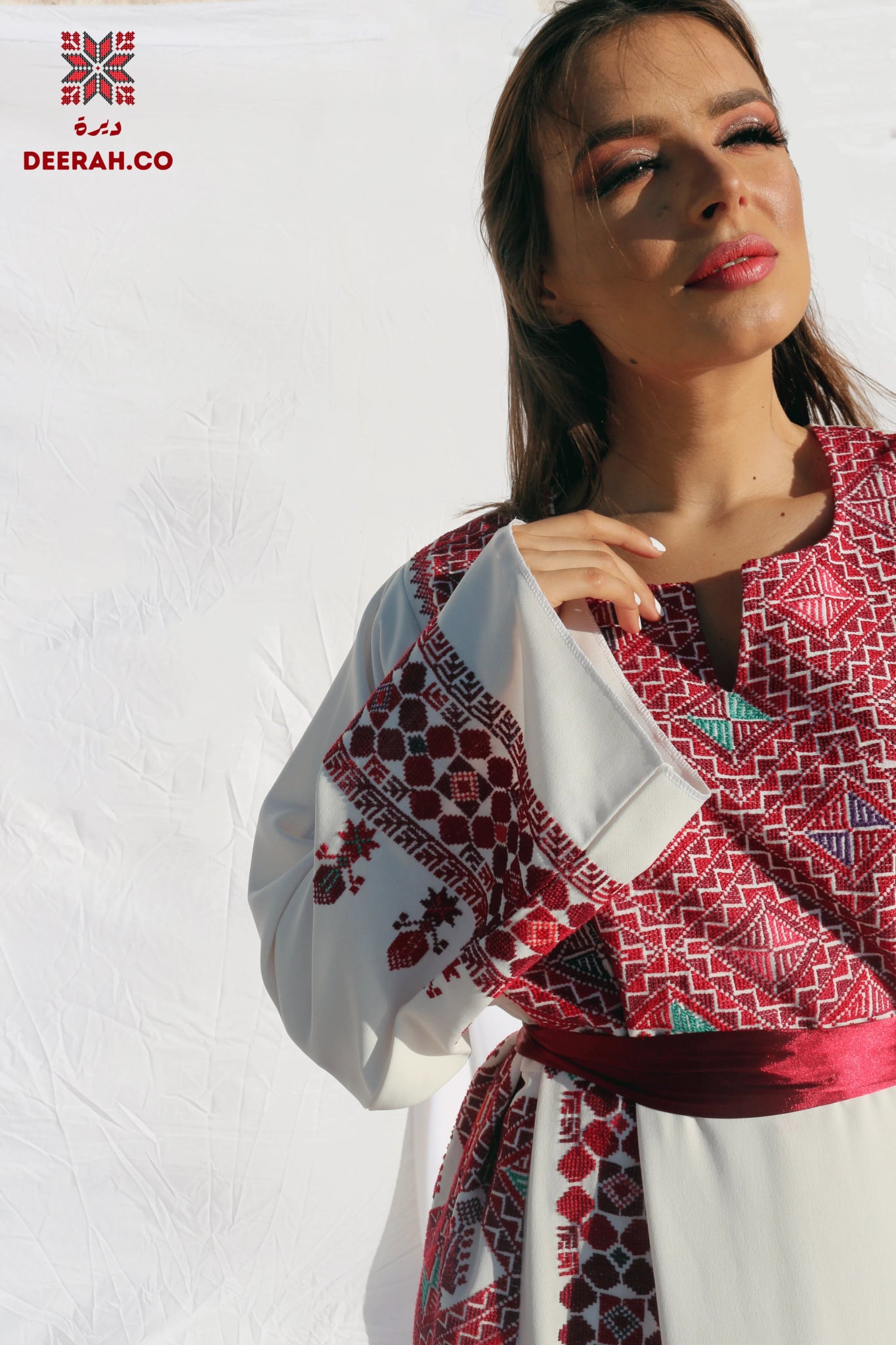 Eman - Hand - Embroidered White Palestinian Wedding Thobe - Deerah