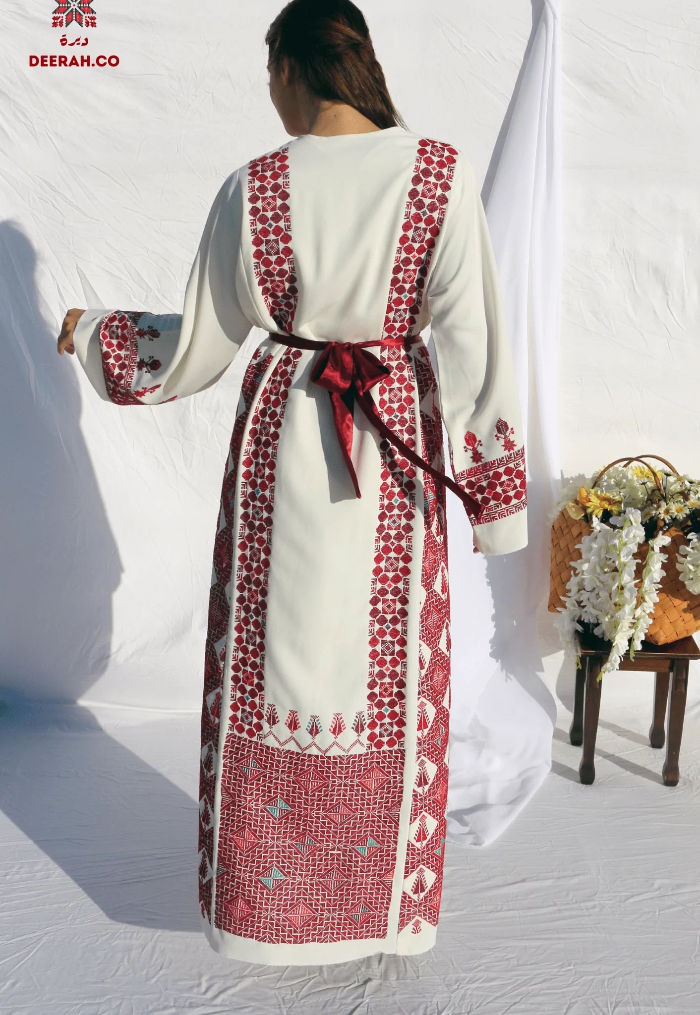 Eman - Hand - Embroidered White Palestinian Wedding Thobe - Deerah