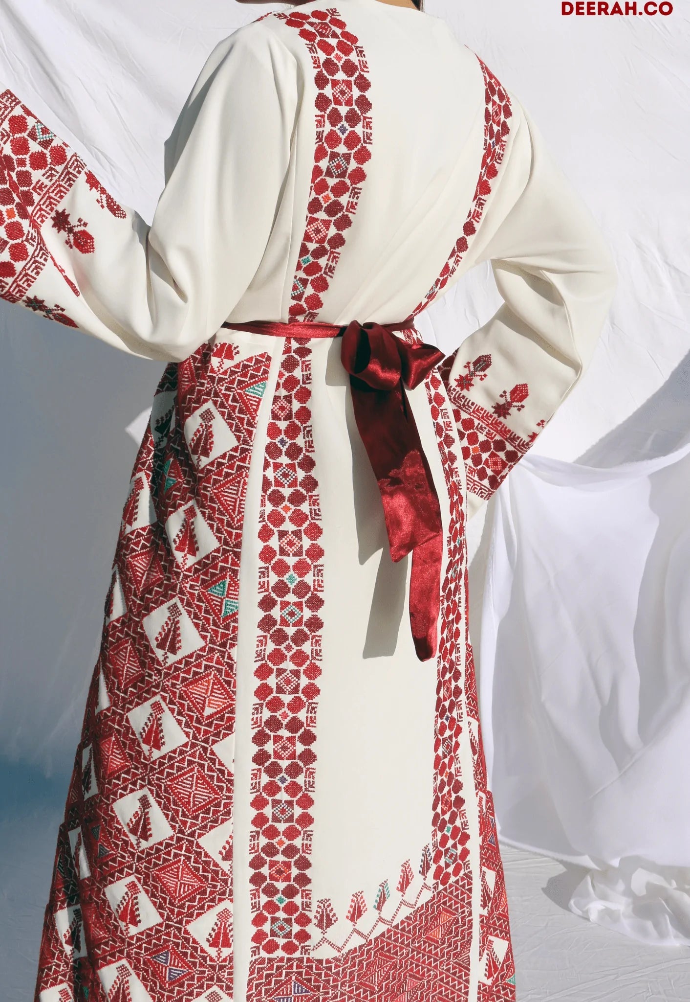 Eman - Hand - Embroidered White Palestinian Wedding Thobe - Deerah