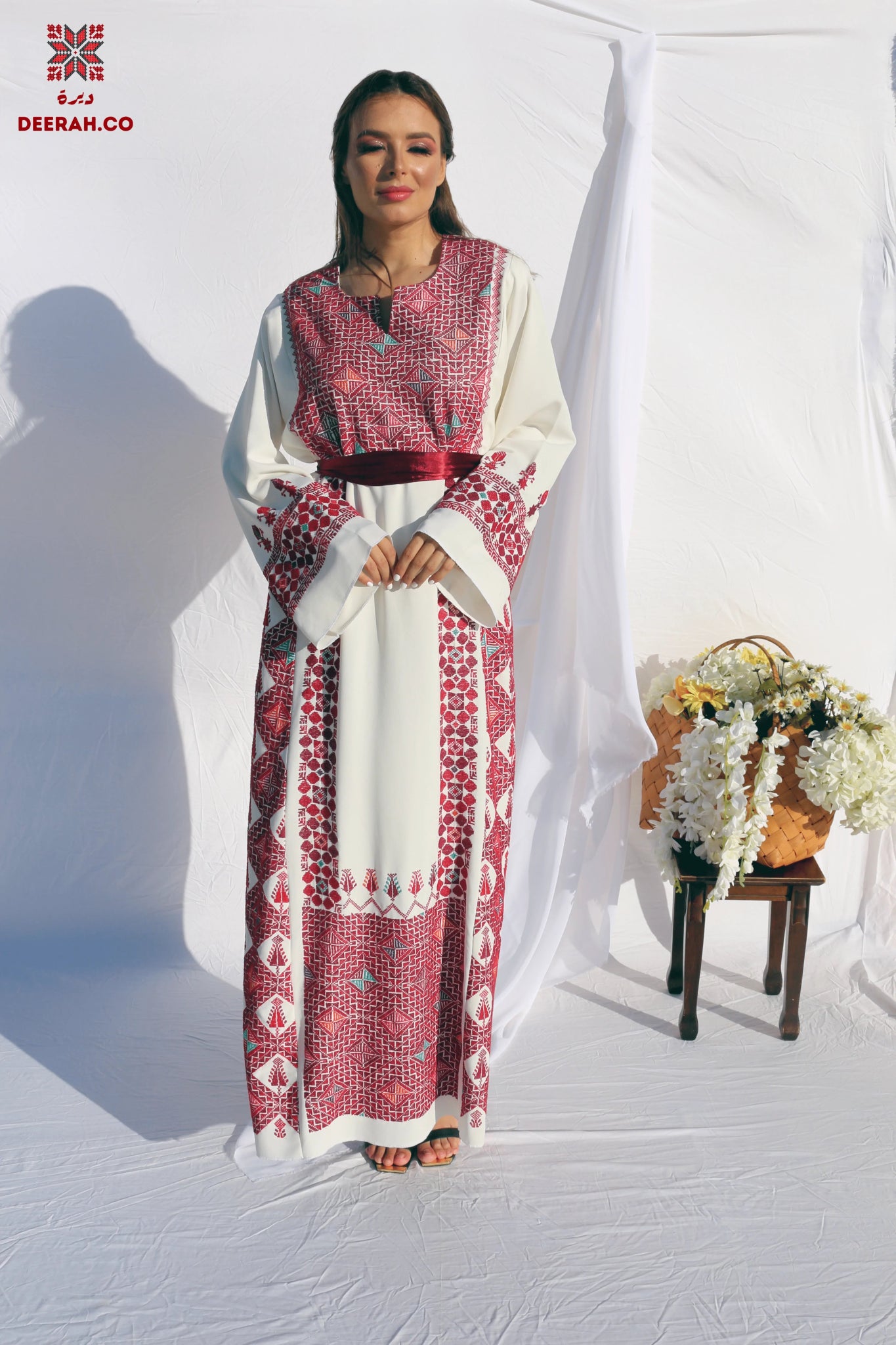 Eman - Hand - Embroidered White Palestinian Wedding Thobe - Deerah
