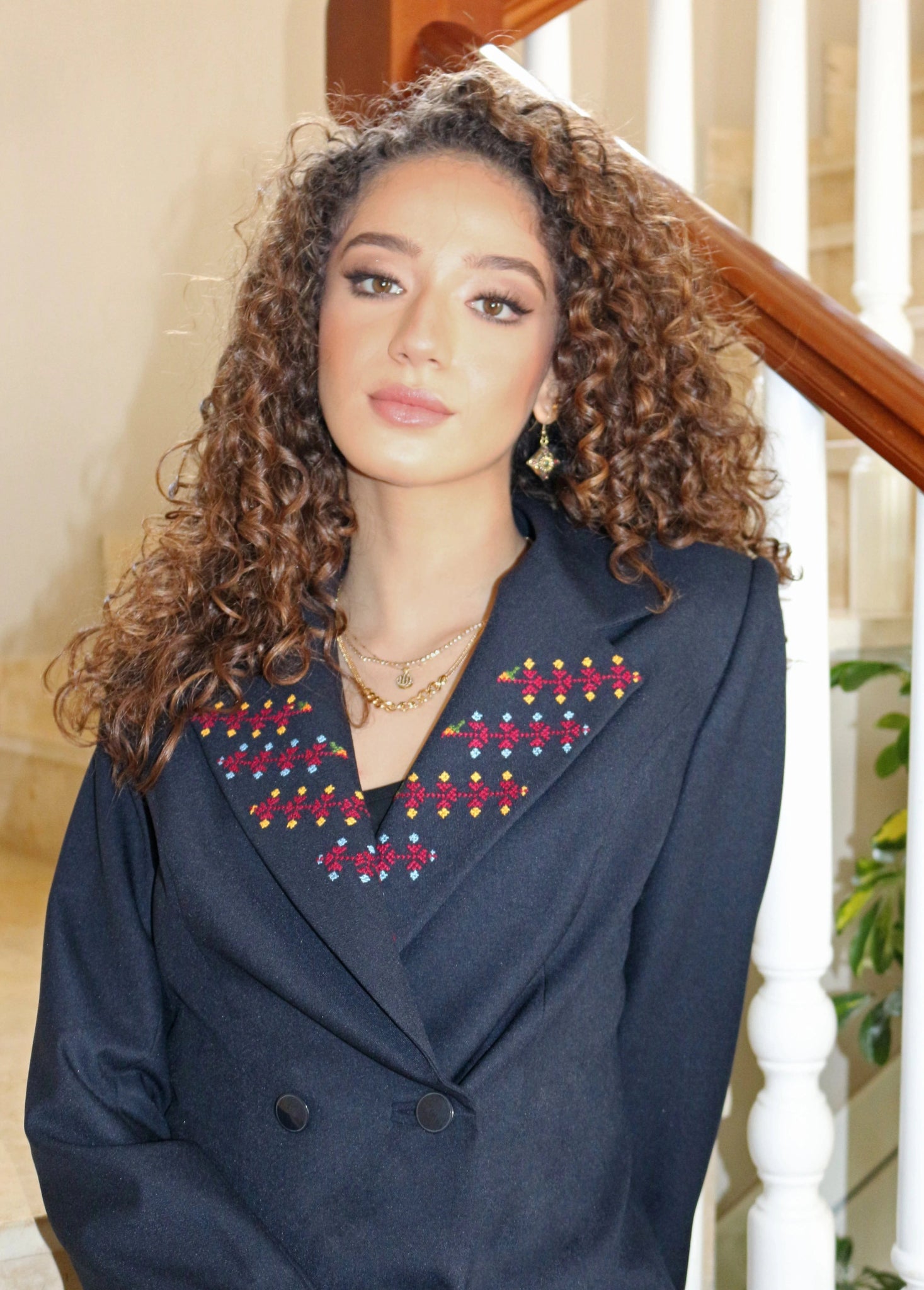Hand - Embroidered Custom - made Women Pant Suit in Navy Blue - Deerah