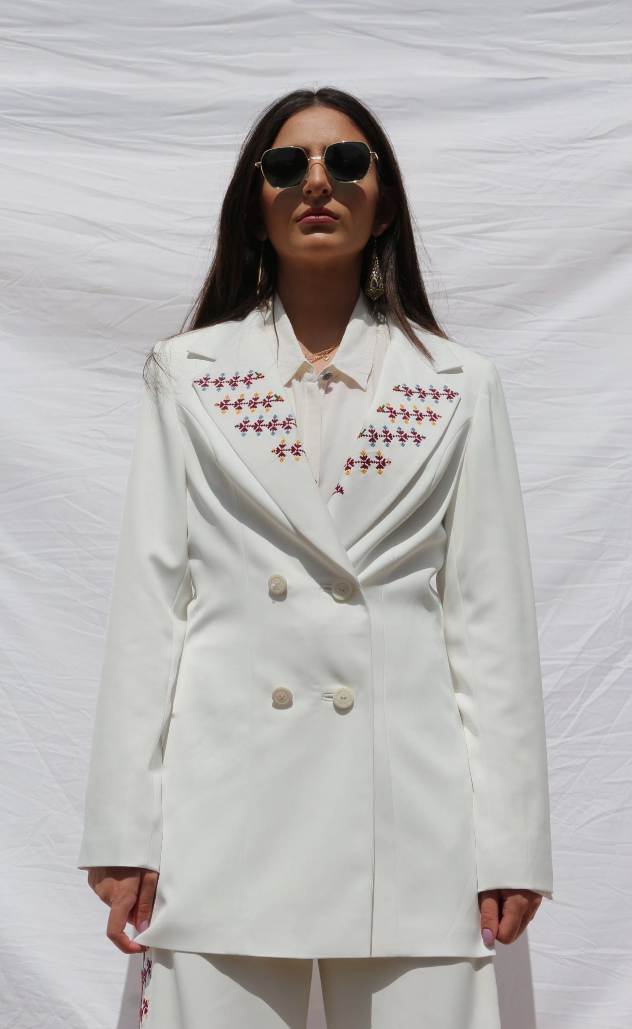 Hand - Embroidered Custom - made Women Pearl White Pants Suit - Deerah