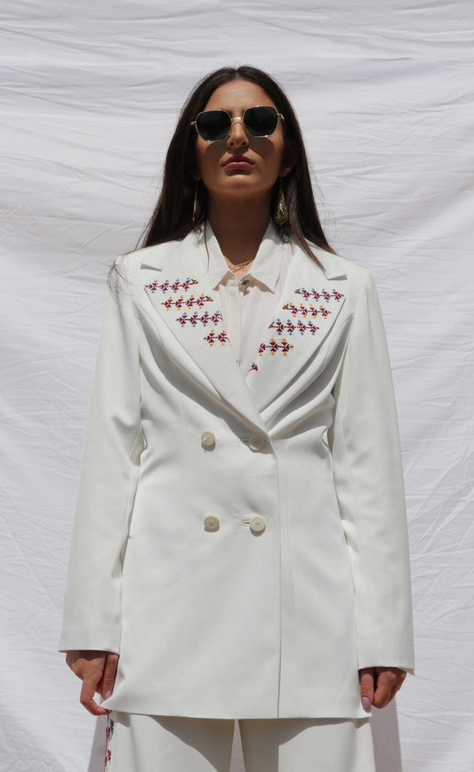 Hand - Embroidered Custom - made Women Pearl White Pants Suit - Deerah