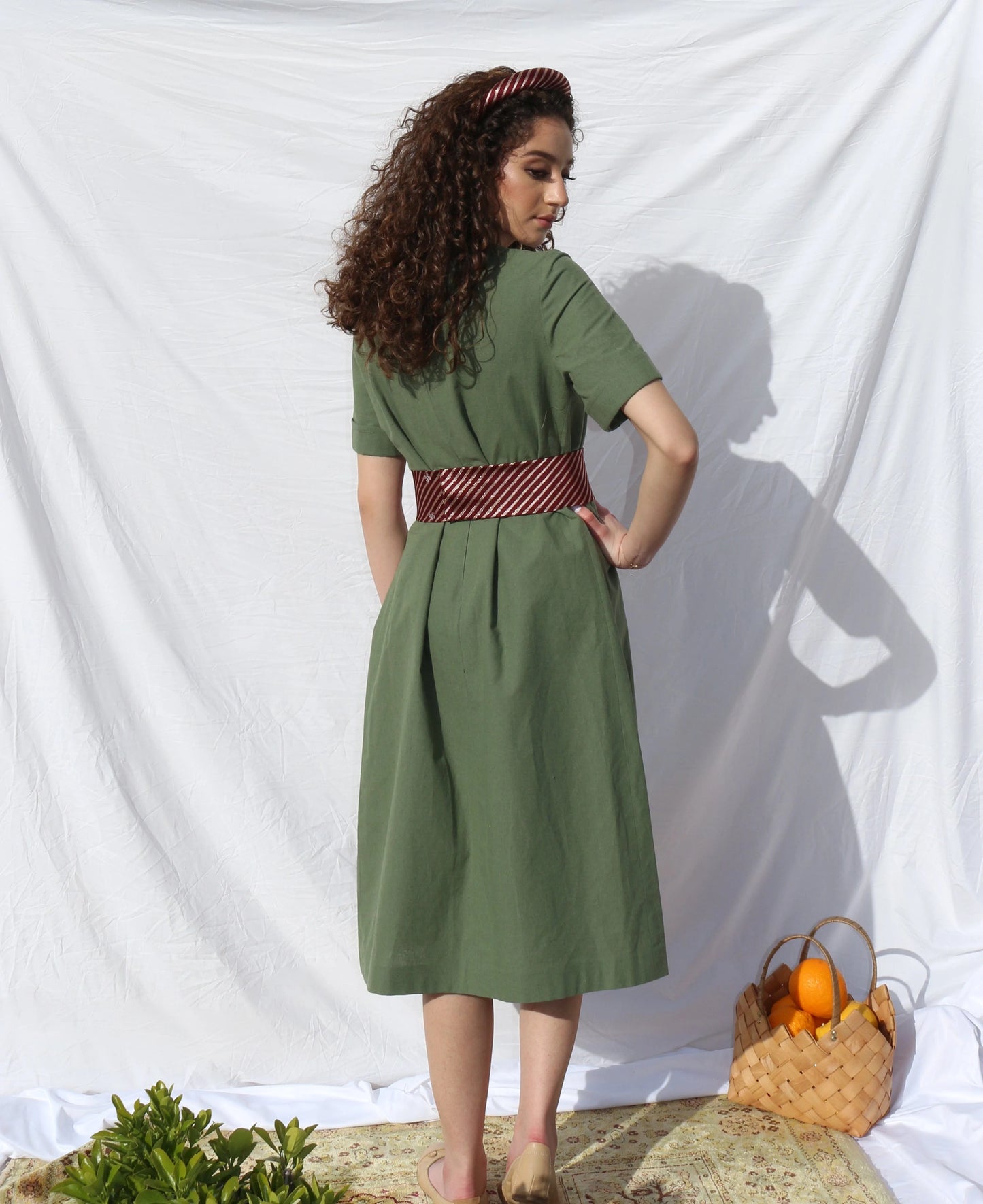 Hand-Embroidered Fallahi Olive Green Linen Dress Deerah
