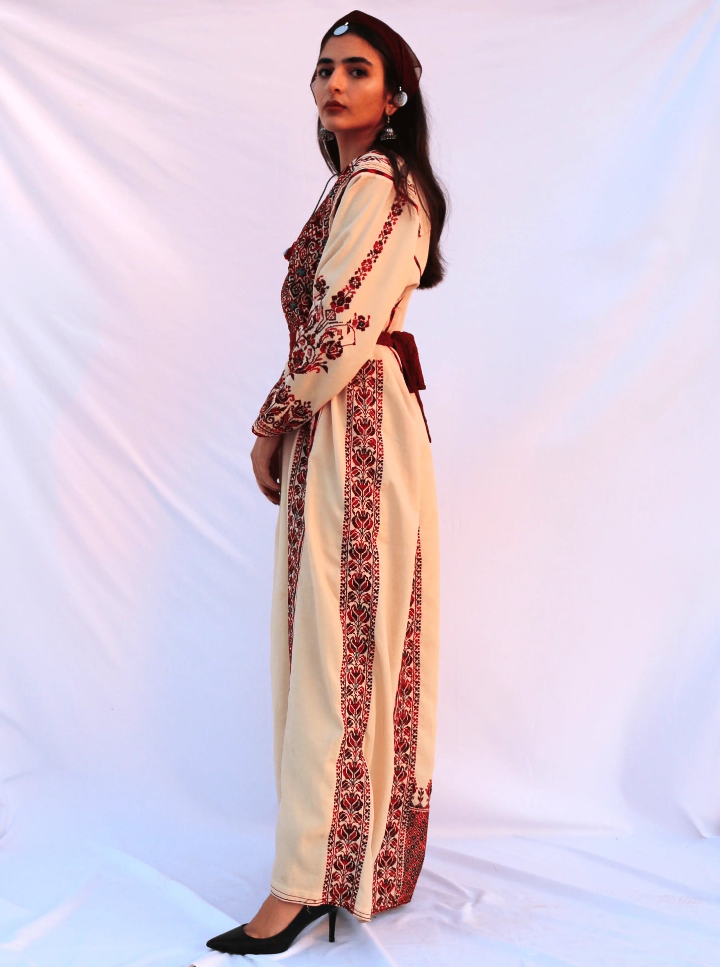 Heba - Hand Embroidered Beige Palestinian Dress Thobe - Deerah