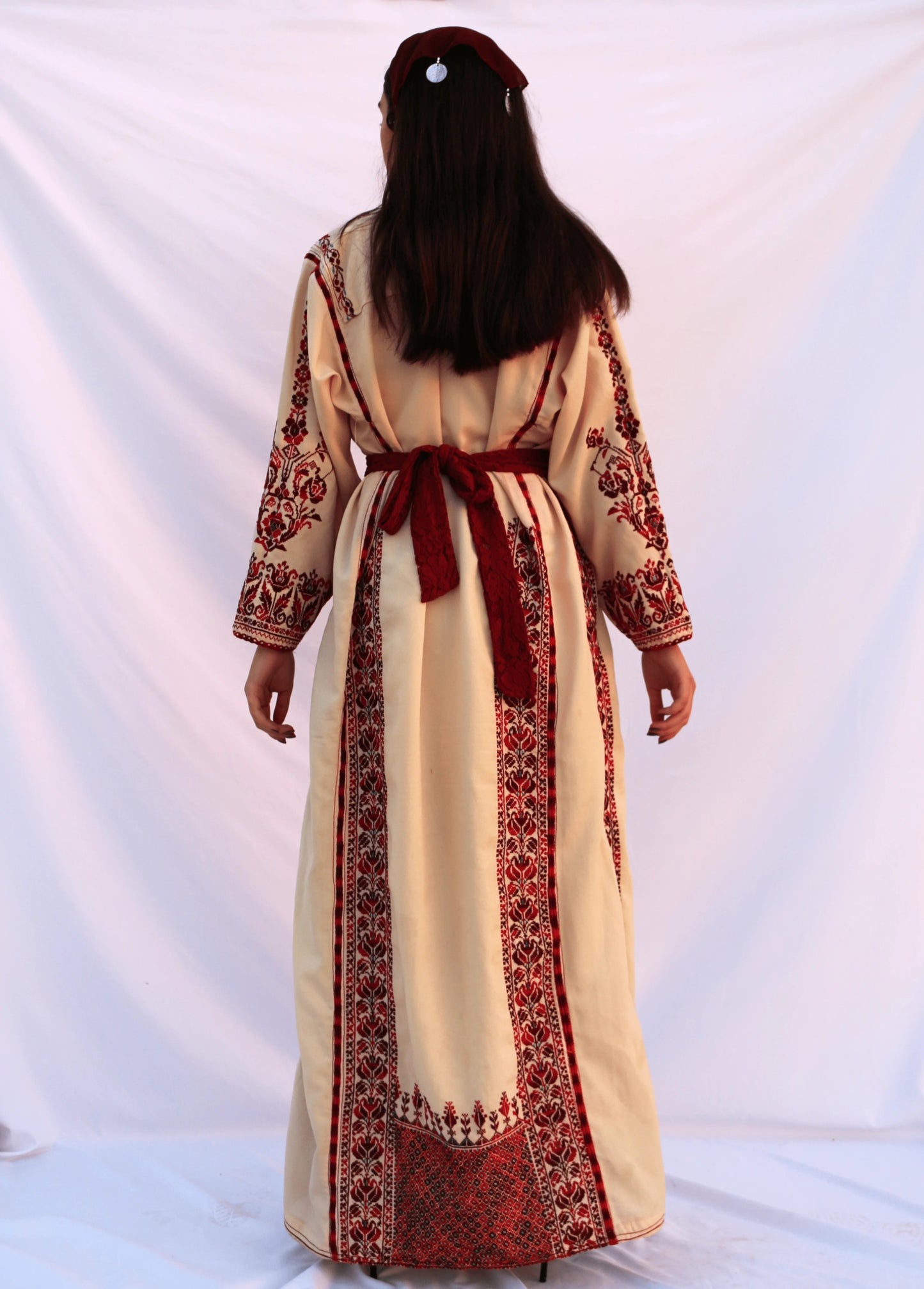 Heba - Hand Embroidered Beige Palestinian Dress Thobe - Deerah