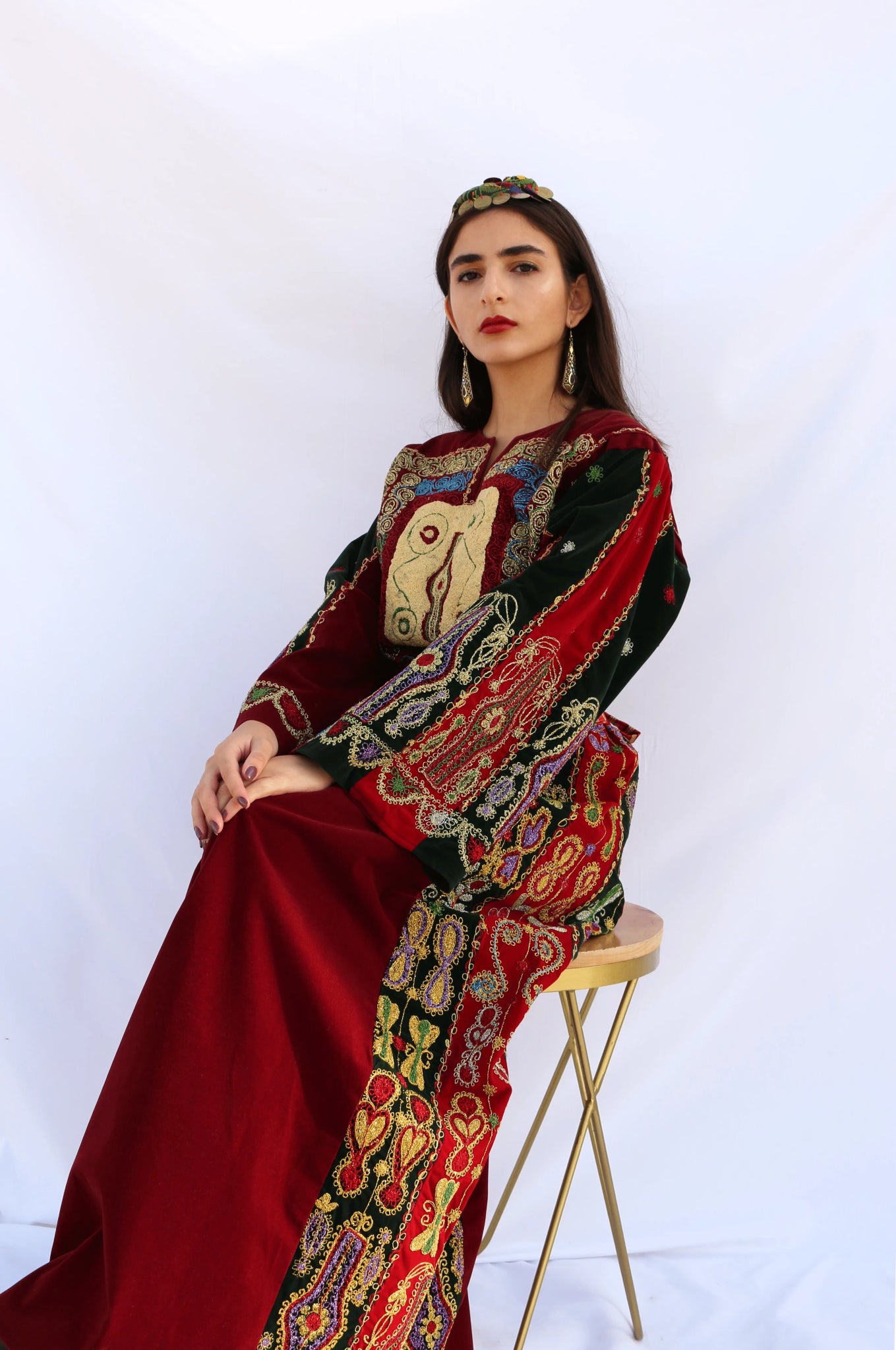 palestinian embroidered dress Maroon Elegant Palestinian Embroidered Rhinestones Henna Thobe Dress Tatreez1