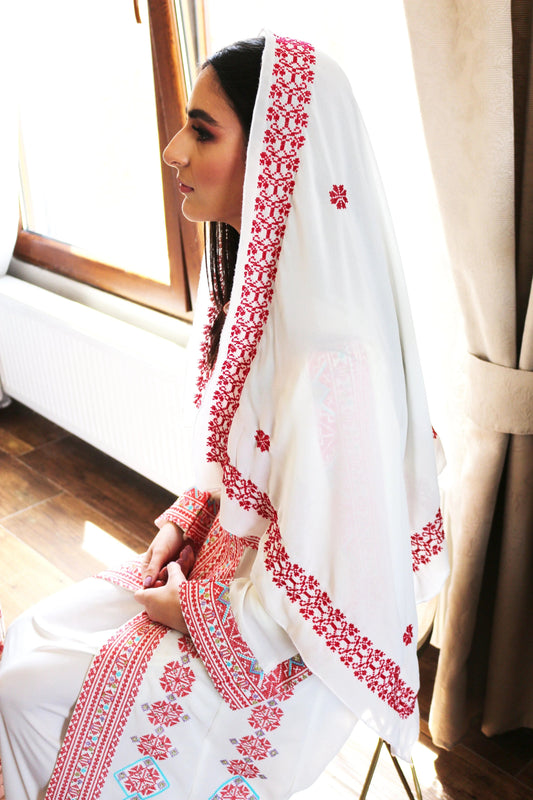 Red Hand - Embroidered Wedding Shawl - Deerah
