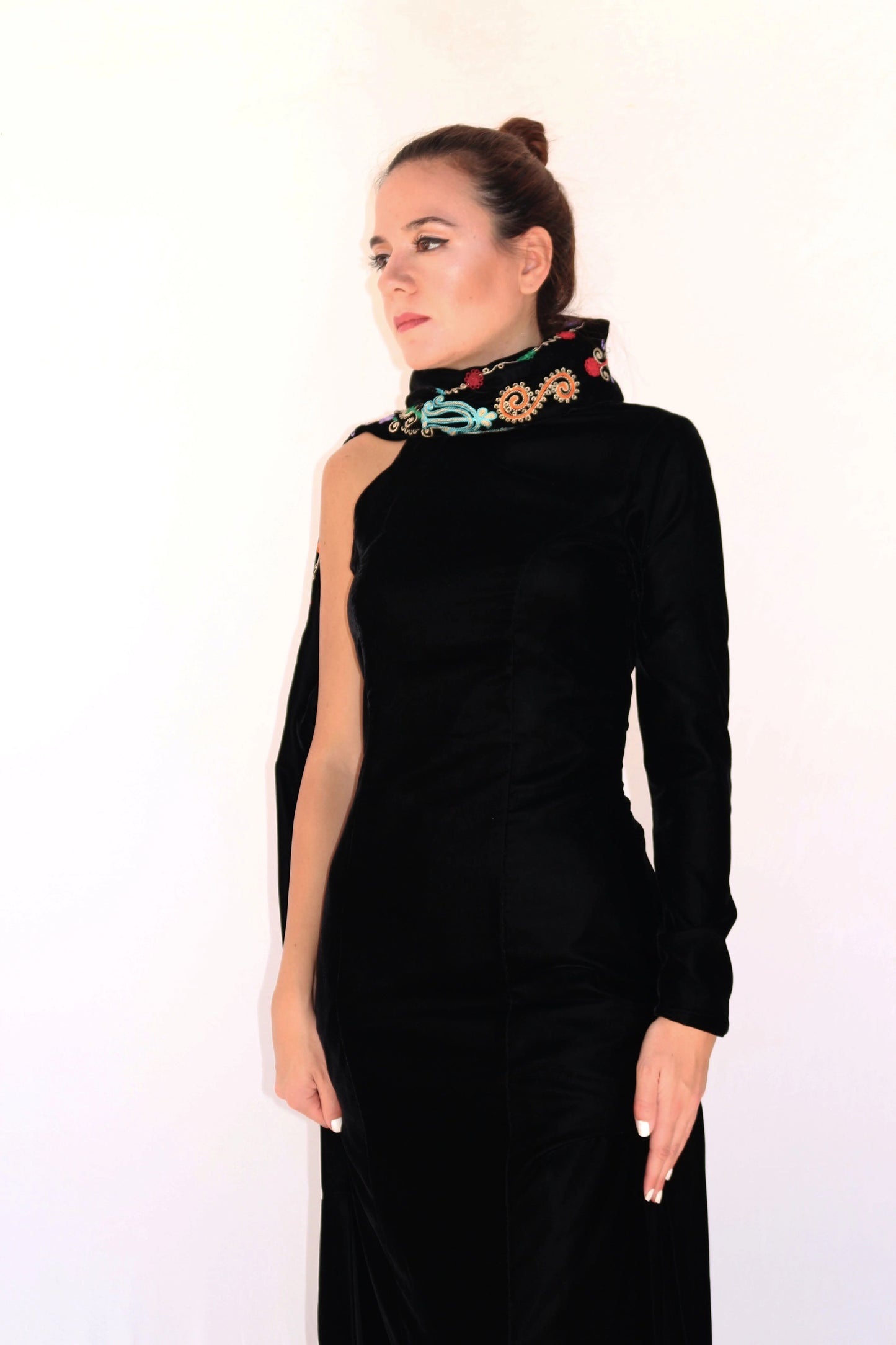 Rula - Velvet Hand-Embroidered One Shoulder Dress Deerah
