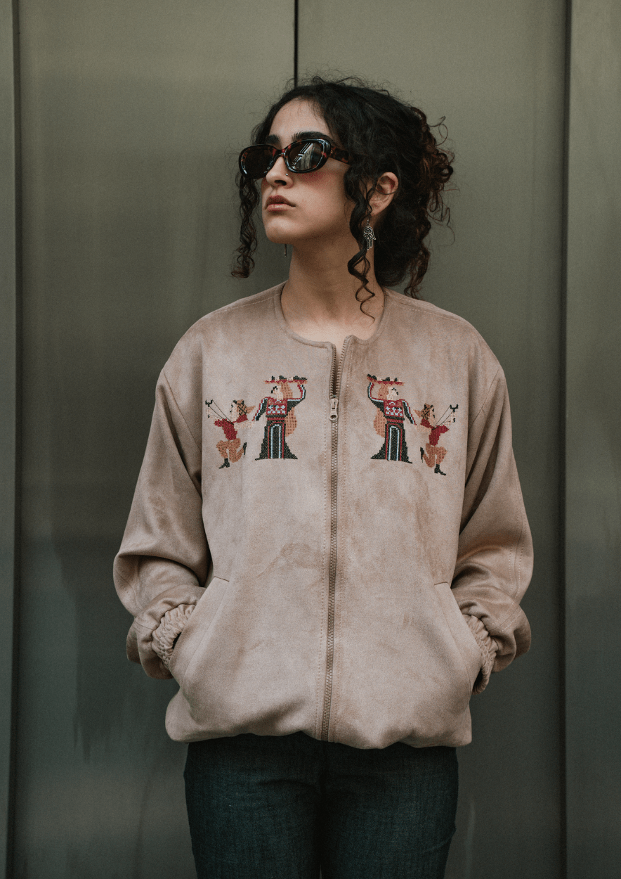 Latte Beige Embroidered Suede Jacket Deerah