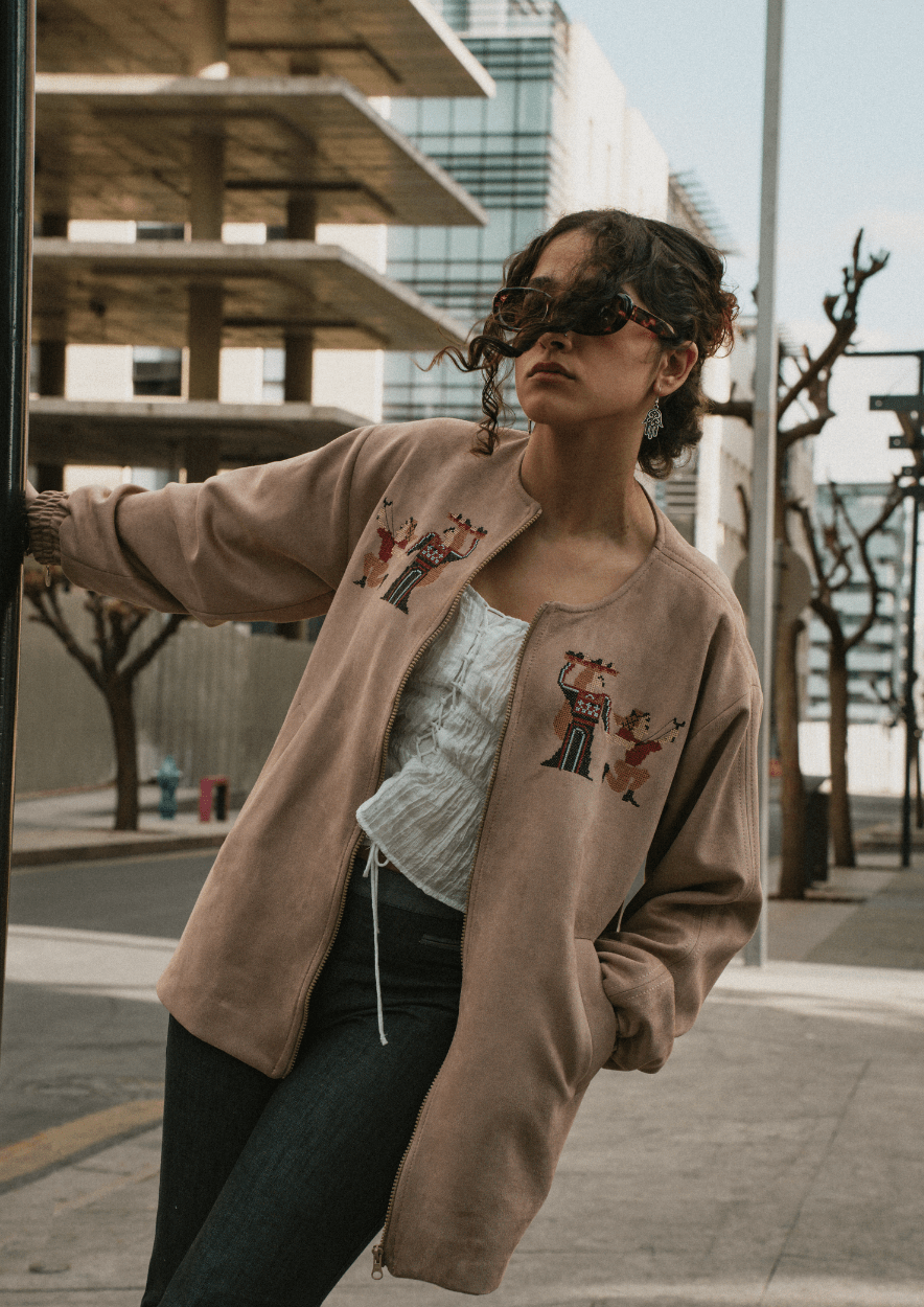 Latte Beige Embroidered Suede Jacket Deerah