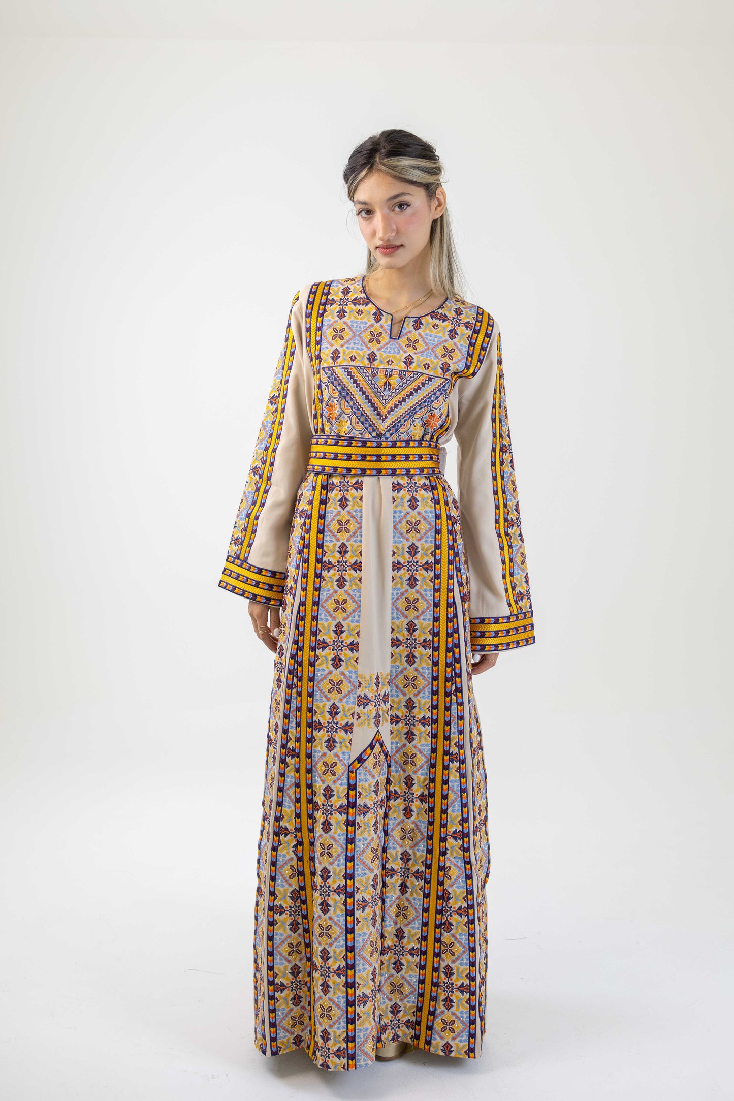 Beige Manajel Machine Embroidered Dress Deerah