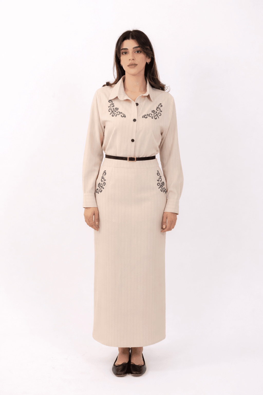 Beige Pinstripe Suit - Deerah