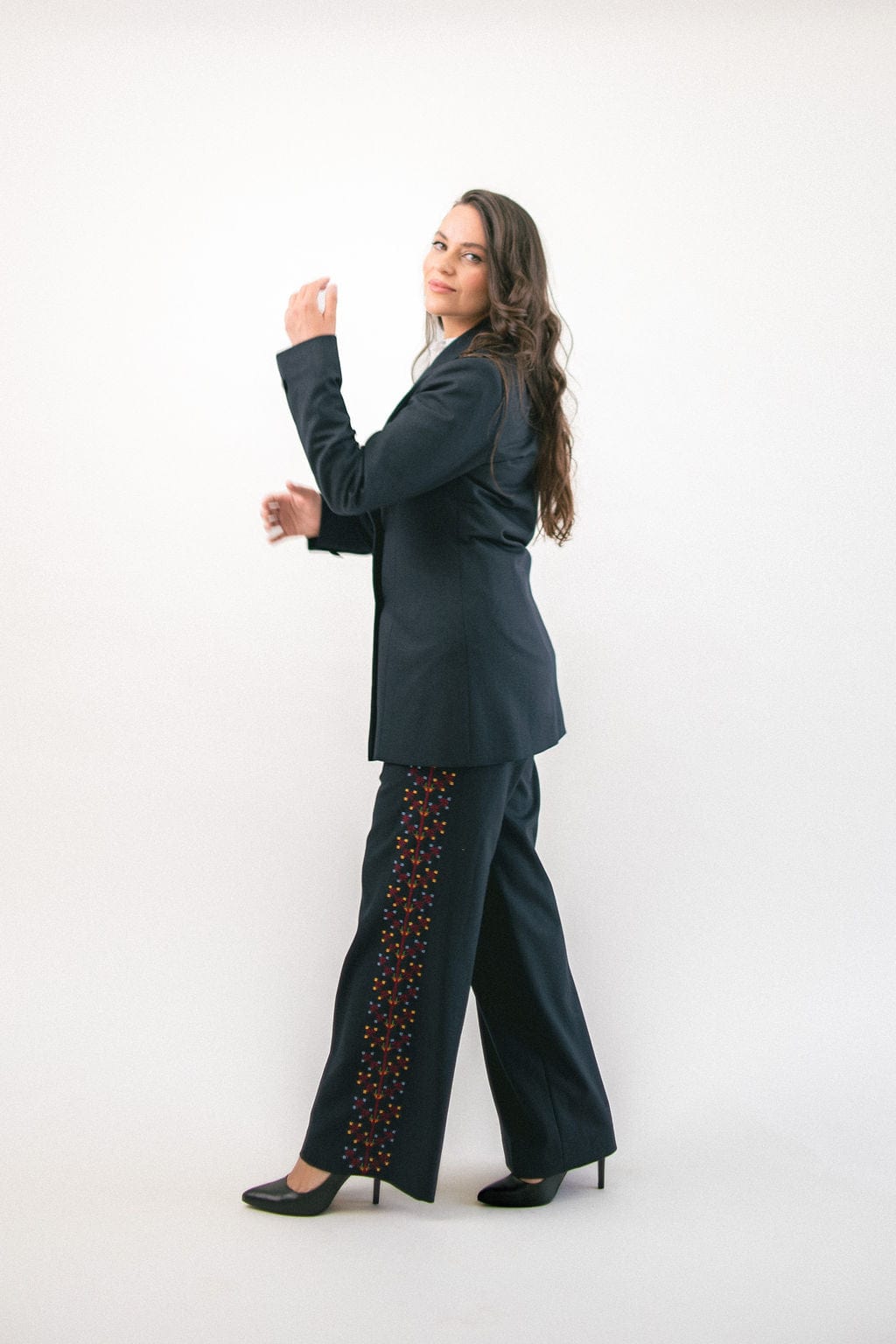 Embroidered Wide Leg High-Waist Pants - Deerah