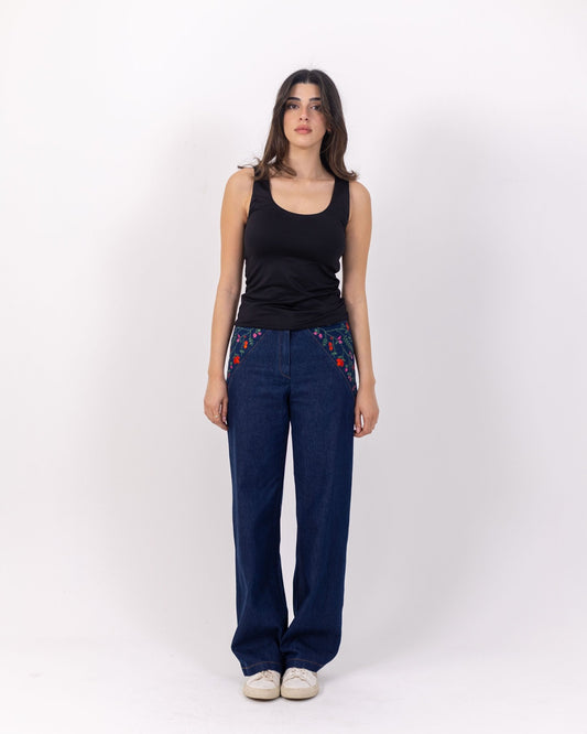 Embroidered Wide Leg Jeans - Deerah