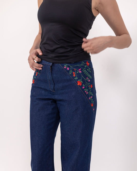 Embroidered Wide Leg Jeans - Deerah