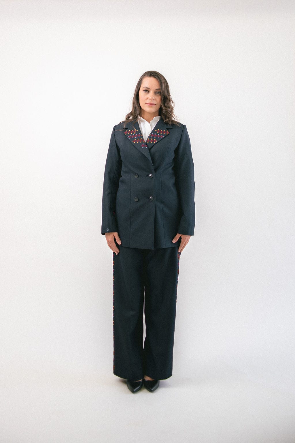 Hand-Embroidered Custom-made Women Pant Suit in Navy Blue Deerah