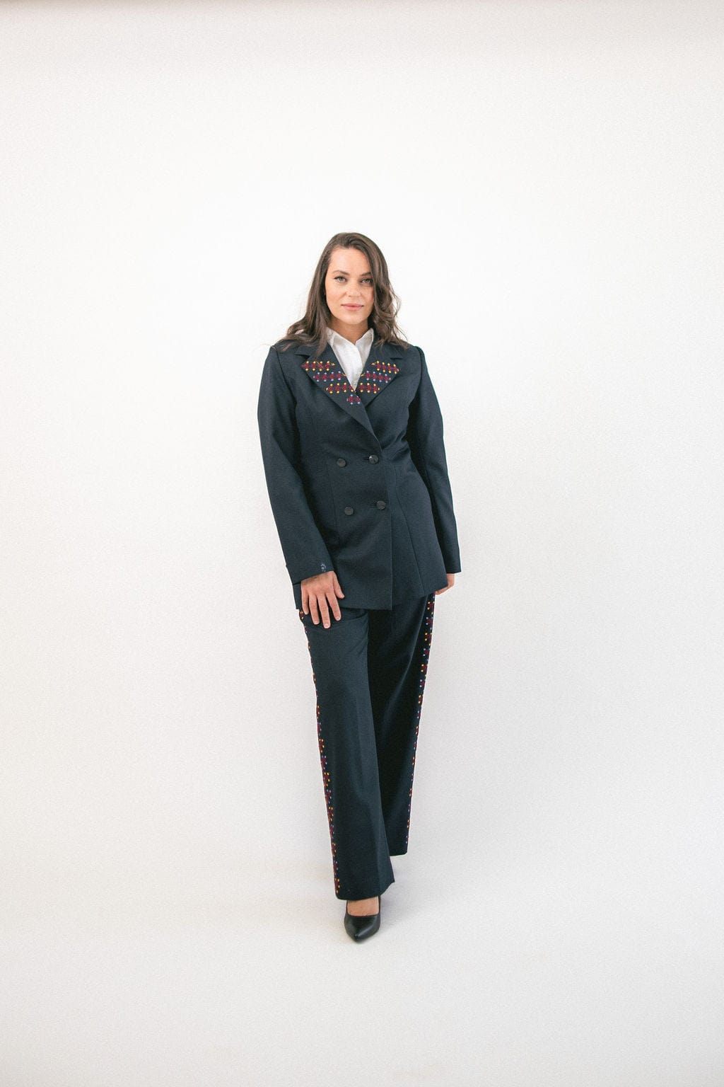 Hand-Embroidered Custom-made Women Pant Suit in Navy Blue Deerah
