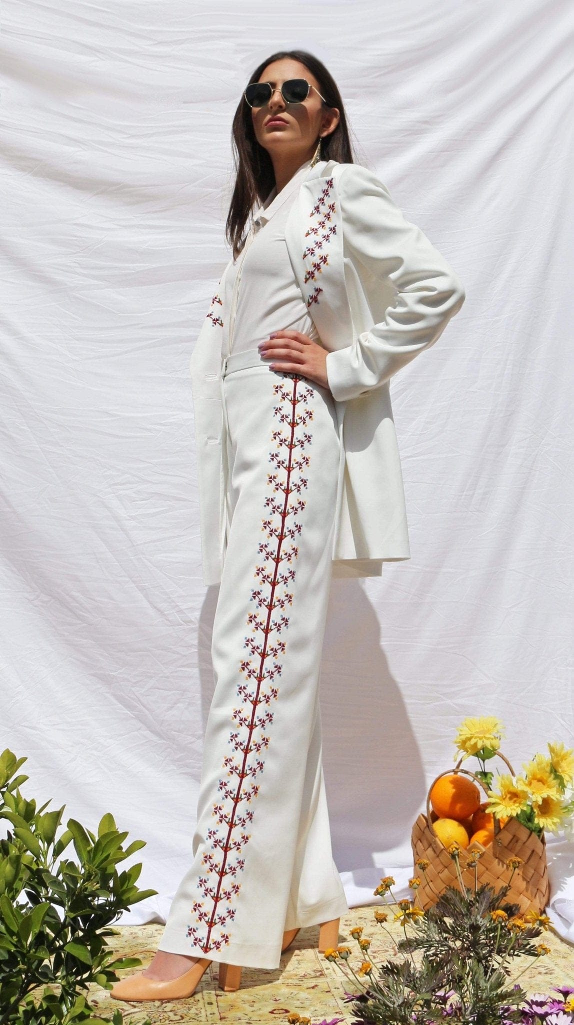 Hand - Embroidered Custom - made Women Pearl White Pants Suit - Deerah