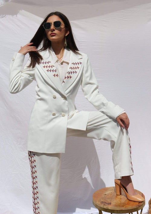 Hand - Embroidered Custom - made Women Pearl White Pants Suit - Deerah