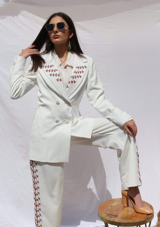 Hand - Embroidered Custom - made Women Pearl White Pants Suit - Deerah