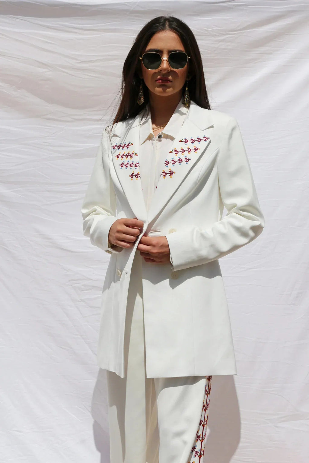 Hand - Embroidered Custom - made Women Pearl White Pants Suit - Deerah